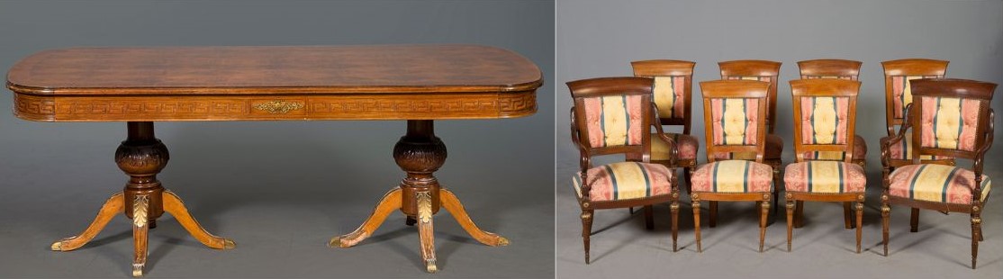 Lote de comedor compuesto por mesa de comedor estilo inglés en madera tallada con doble pie de...
