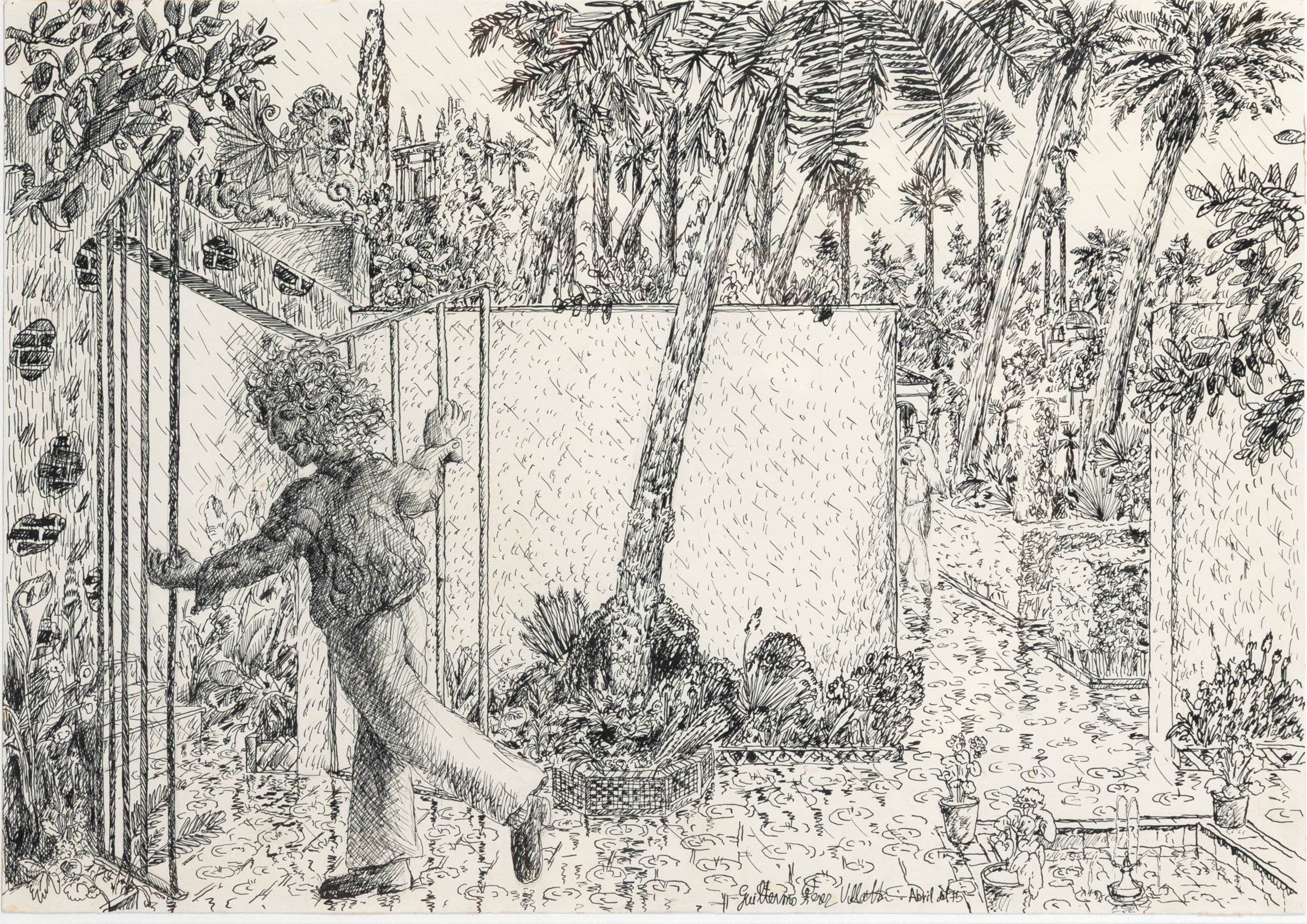 GUILLERMO PEREZ VILLALTA (Tarifa 1948) 
"Tormenta repentina en el Parque del Alcázar".  1975 
Tinta...
