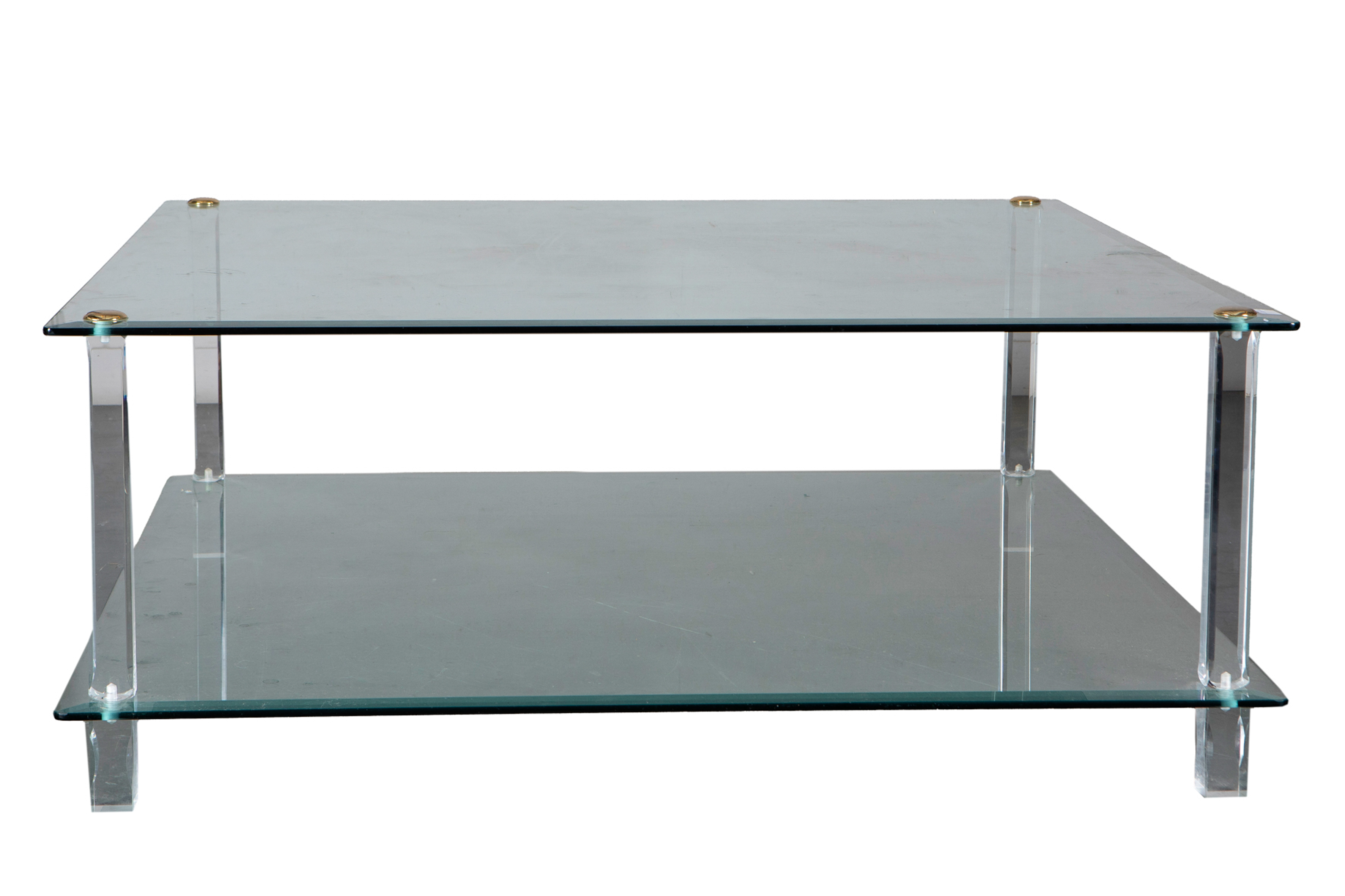 Moderna mesa de centro de diseño de cristal en dos alturas. 
Medidas: 48 x 120 x120 cm.