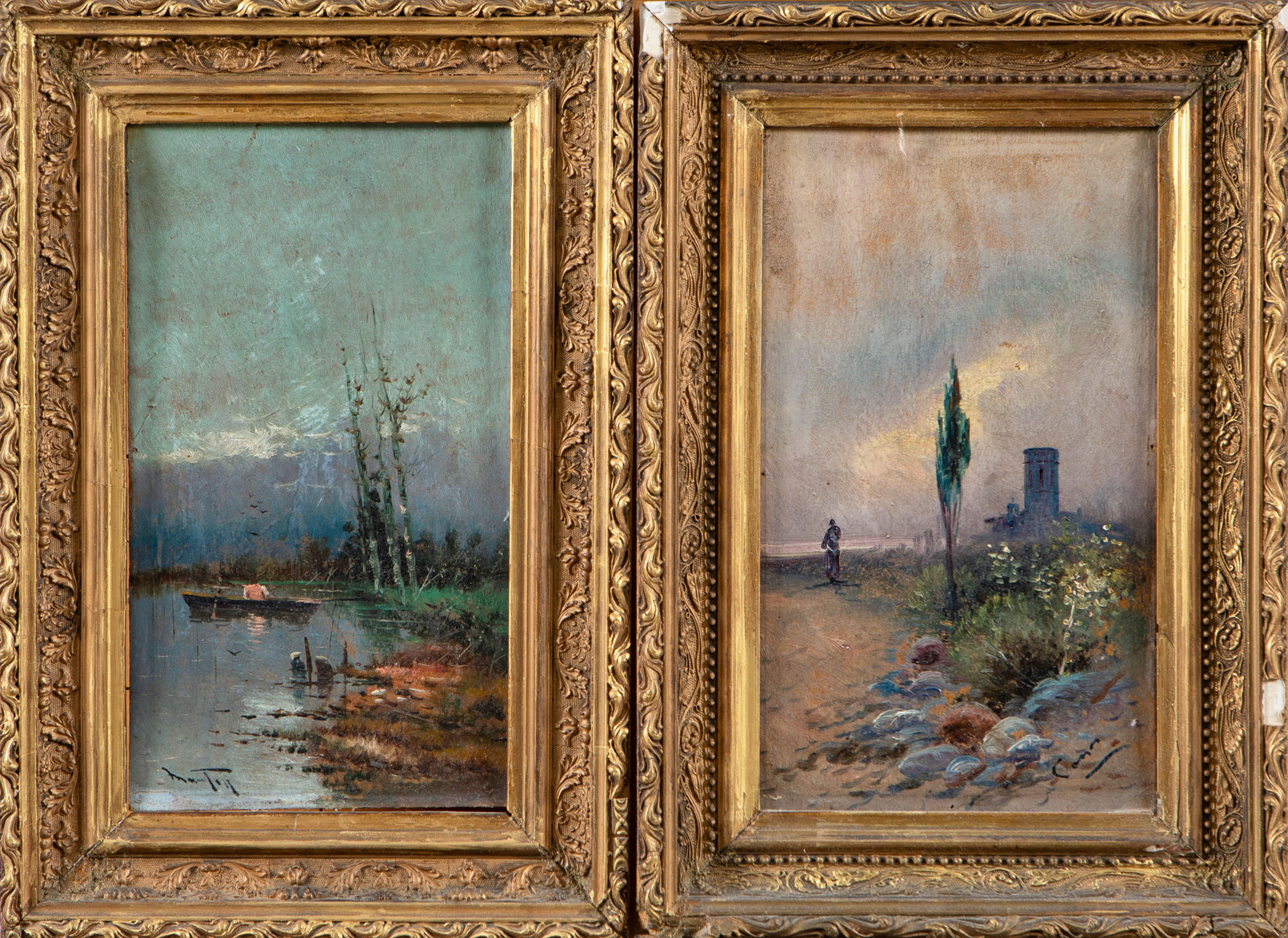 ESCUELA EUROPEA, S. XIX
"Pareja de paisajes al atardecer"