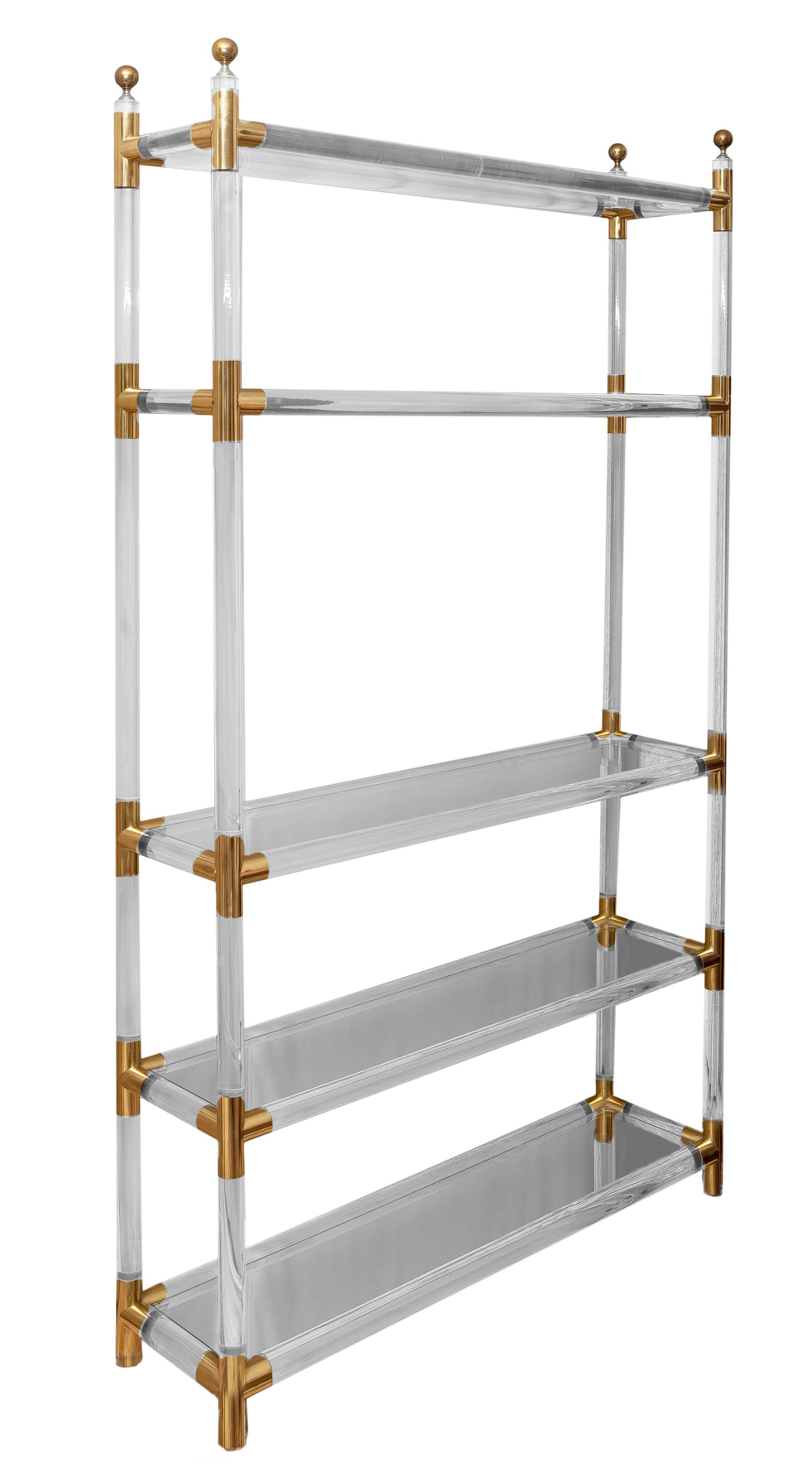 Moderna estantería de 5 alturas con estructura en metacrilato y baldas de cristal. Detalles...