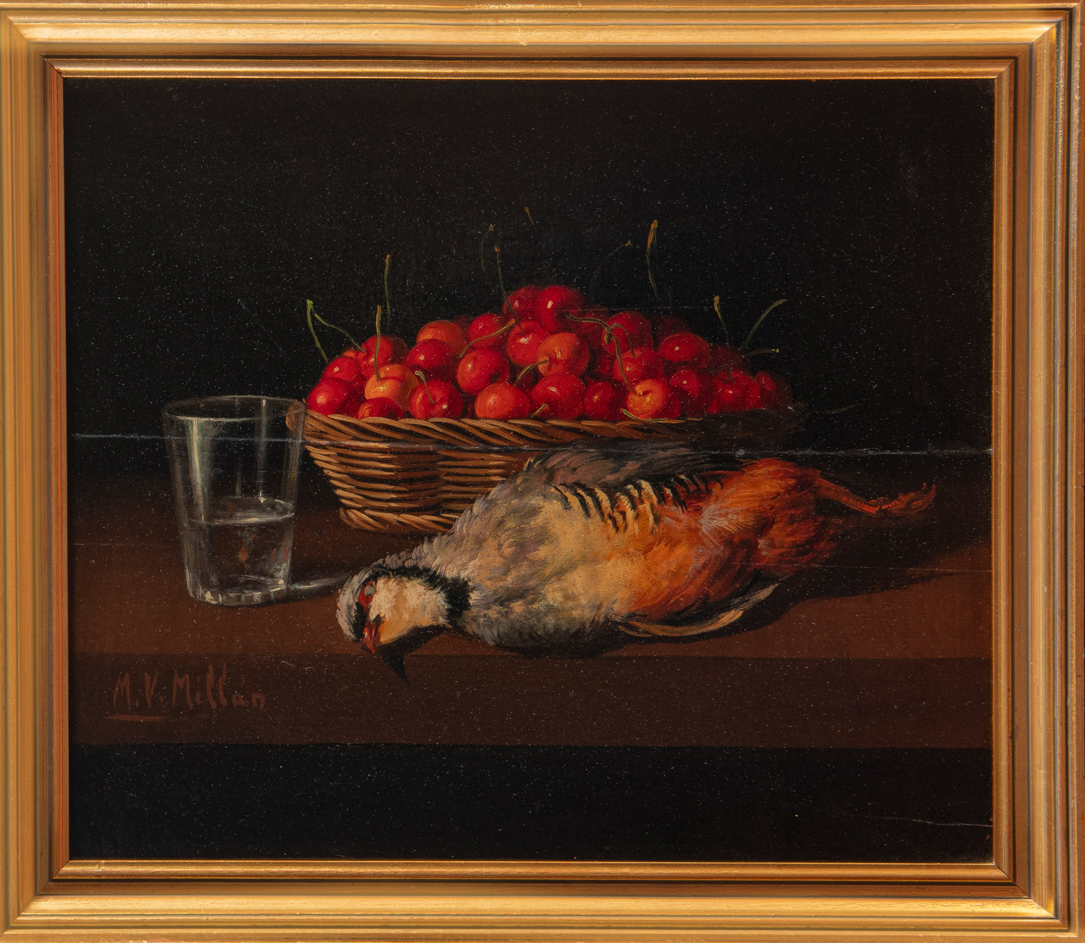 ESCUELA ESPAÑOLA, S. XIX
"Bodegón con guindas, perdiz y vaso"
Óleo sobre lienzo.
Medidas: 36,5 x 43...