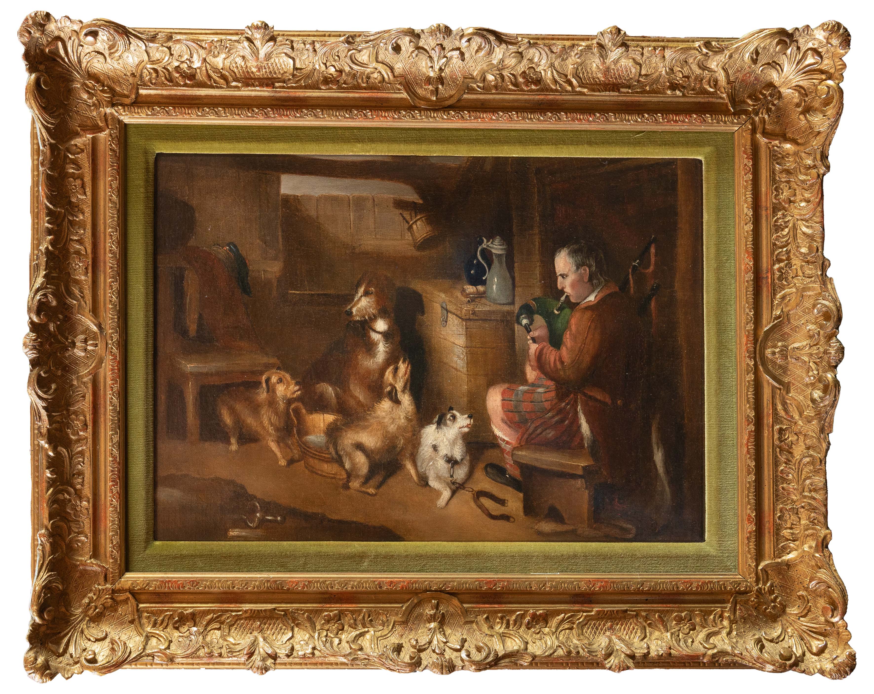 ESCUELA ESCOCESA S. XIX
"Gaitero con sus perros"
Óleo sobre lienzo.
Medas: 30 x 45 cm.
