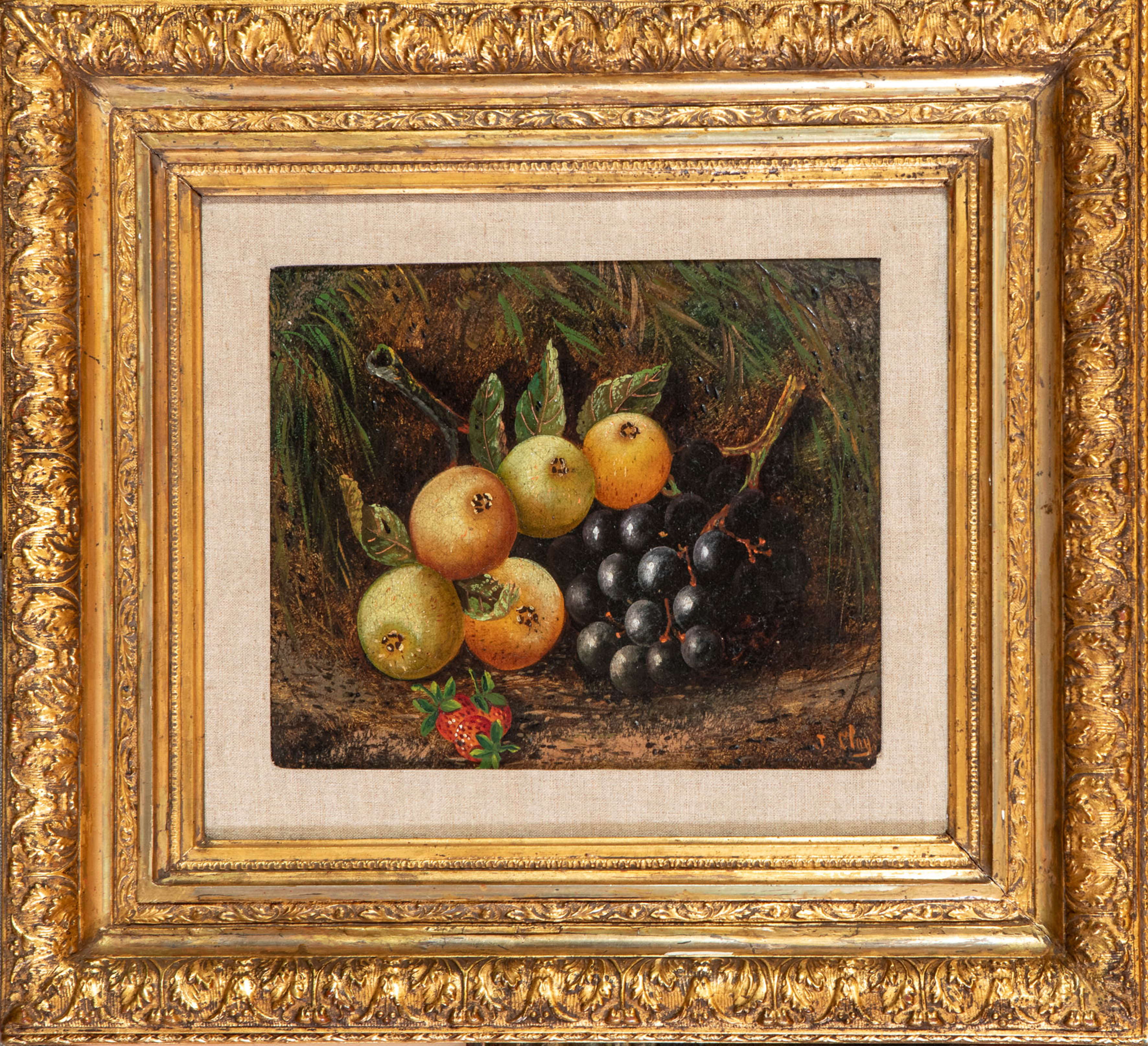 ESCUELA INGLESA, S. XIX
"Bodegón de peras y uvas"
Óleo sobre lienzo.
Medidas: 24 x 29 cm.
Firmado...