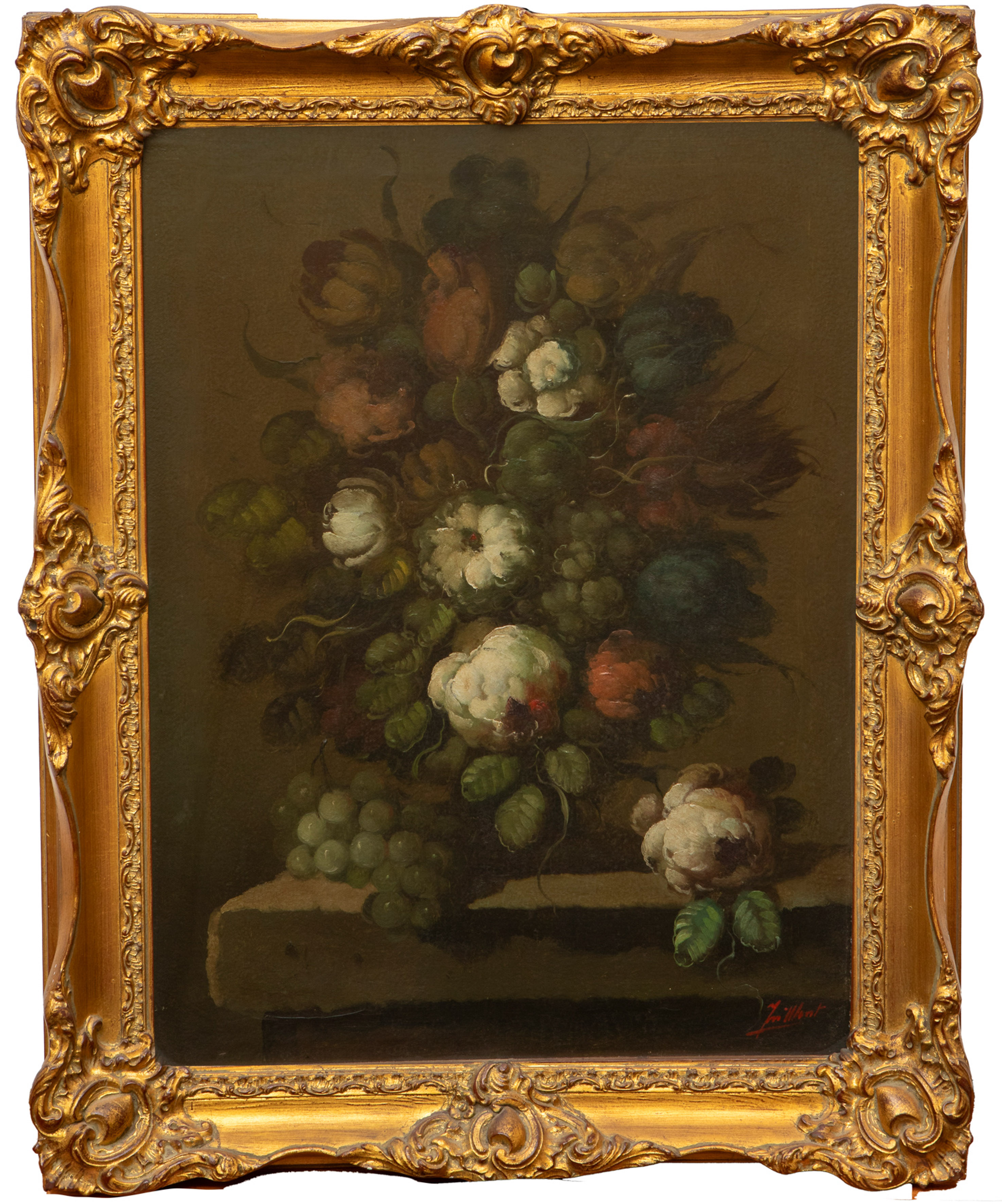 ESCUELA ESPAÑOLA, S. XX
“Florero y racimo de uvas sobre un pedestal"
Óleo sobre lienzo.
medidas: 60...