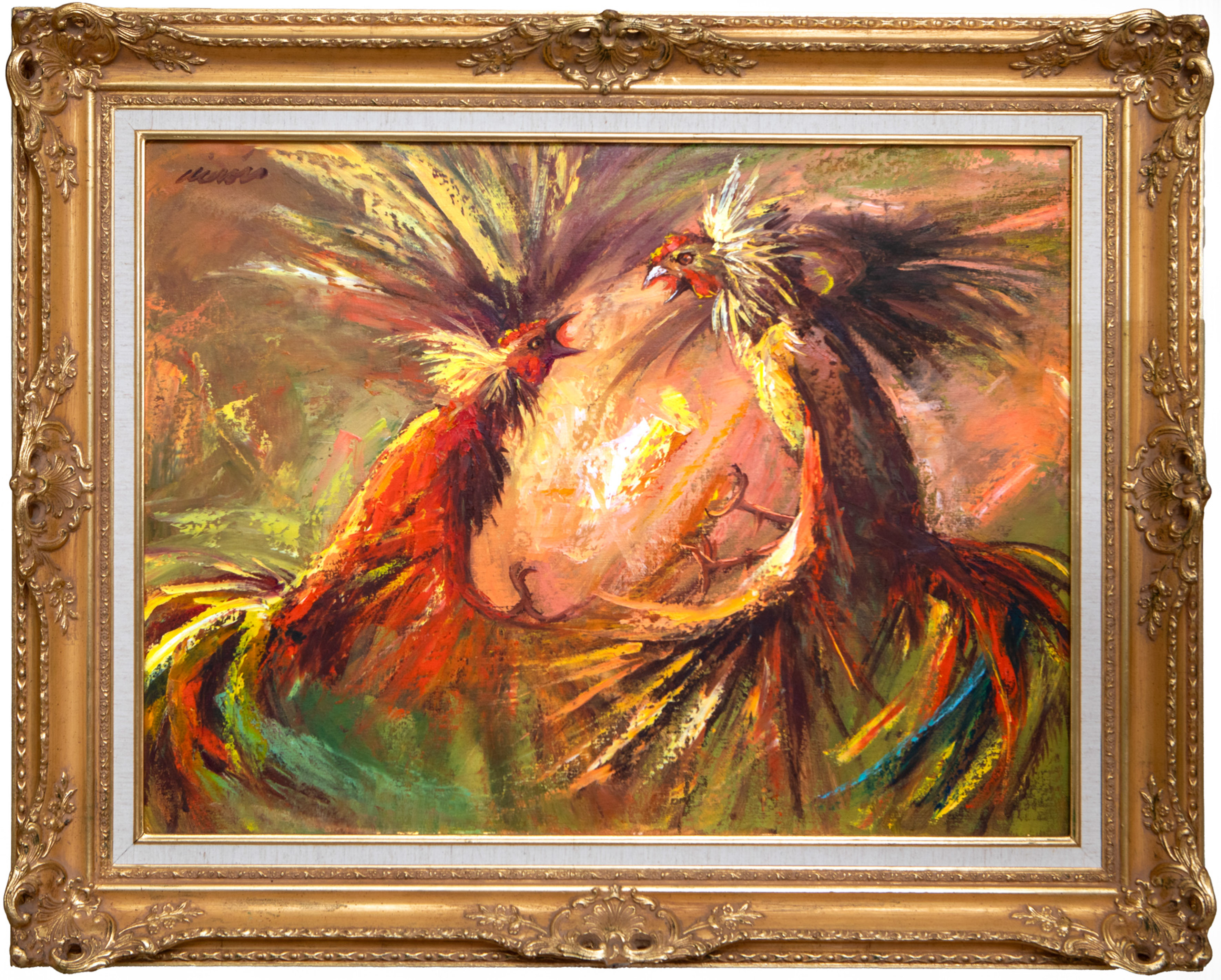 MARIO CICERÓN PAZMIÑO (Quito, 1946)
“Pelea de gallos”
Óleo sobre lienzo.
Medidas: 60 x 80 cm.