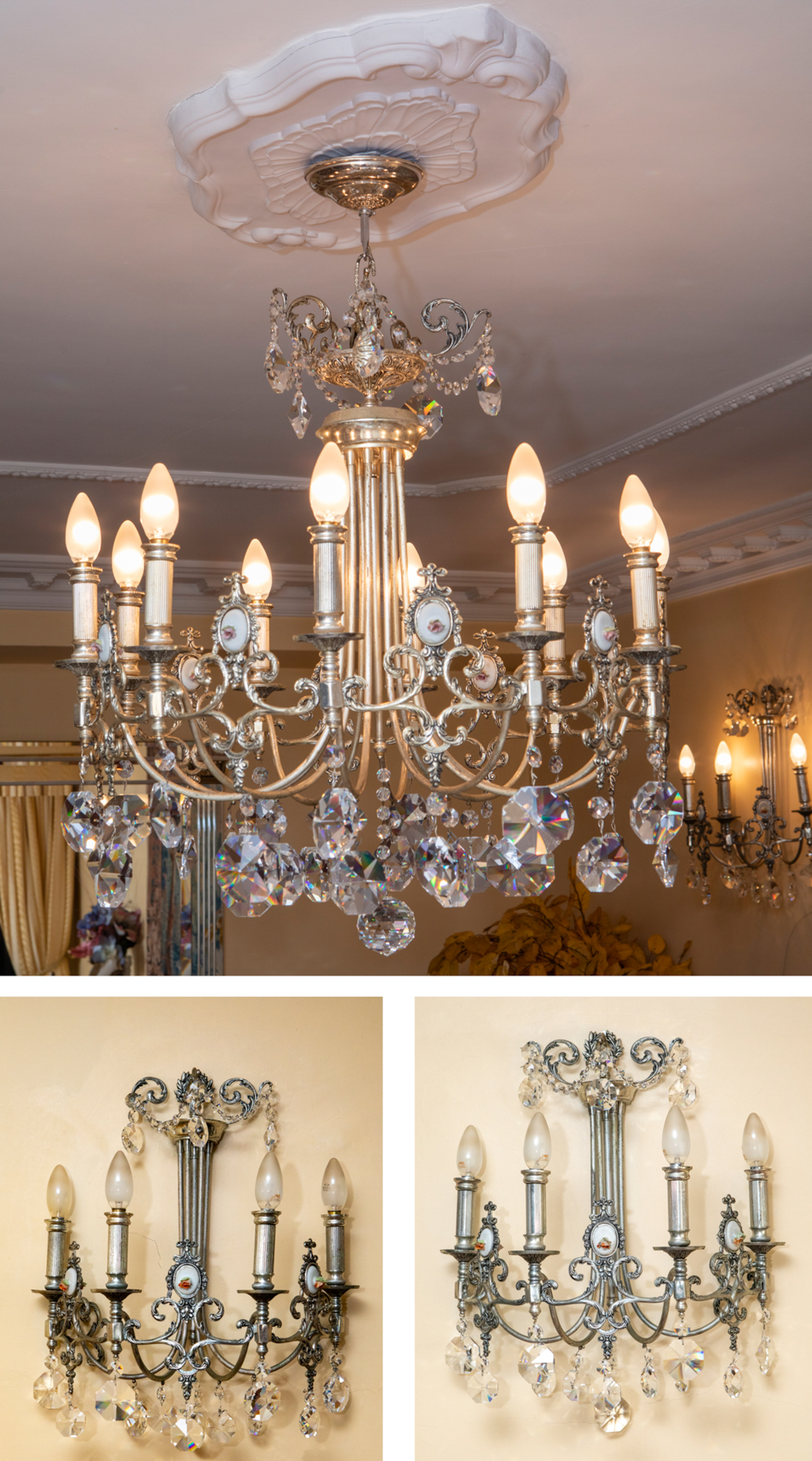 Conjunto de lámpara de techo de 9 luces y pareja de apliques de 4 luces en metal plateado y lágrima...