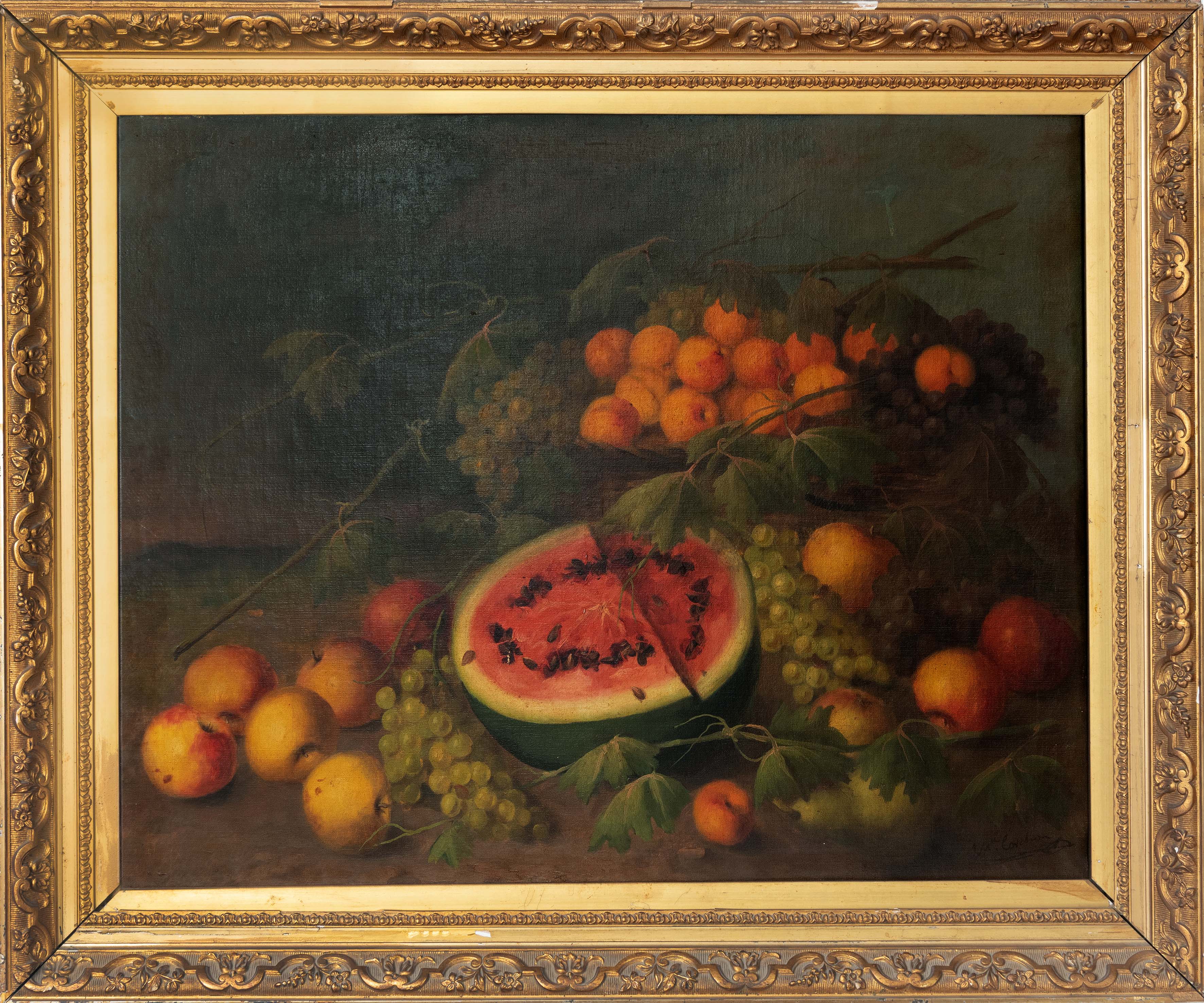 JOSÉ MARÍA CORCHÓN (doc. Madrid, 1864)
“Bodegón con sandía y frutas”
Óleo sobre lienzo.
Medidas: 56...