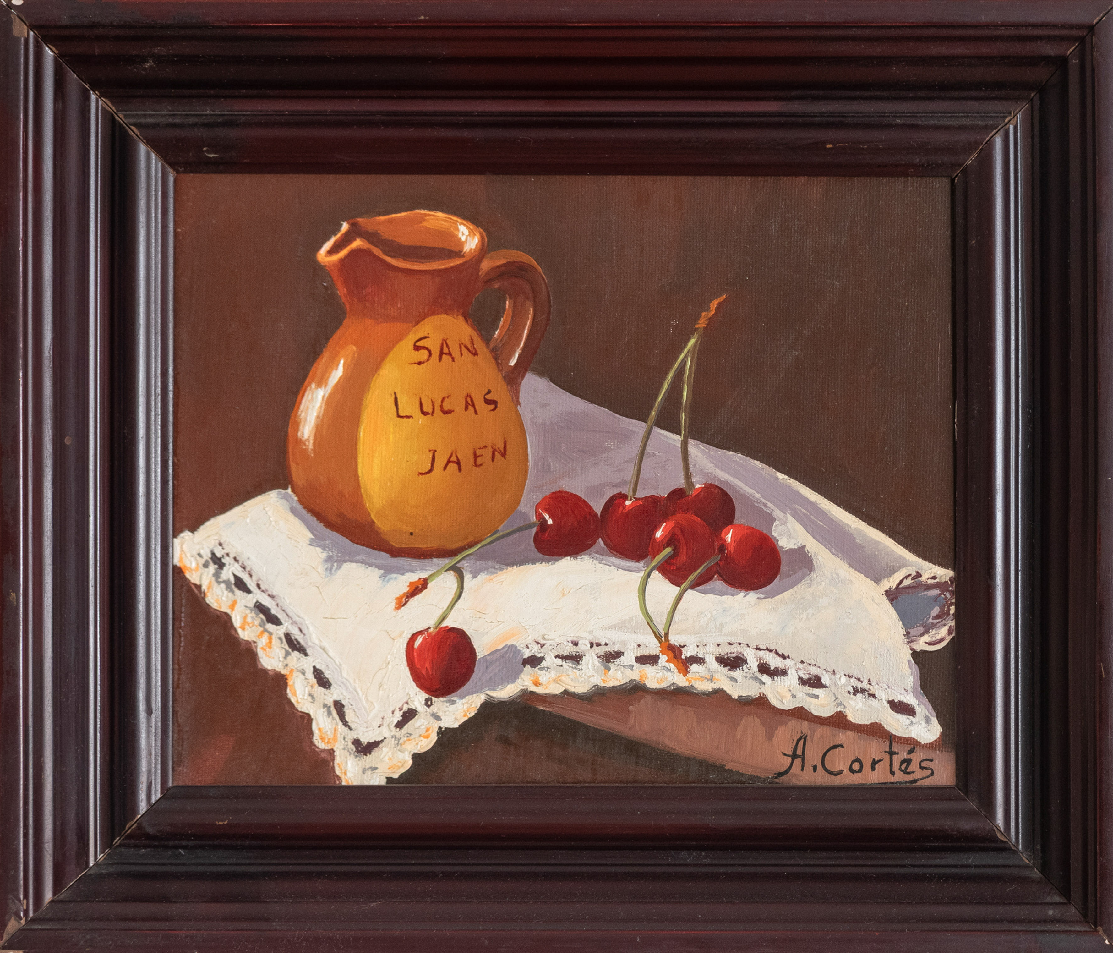 ANDRÉS CORTÉS (1810-1879)
“Bodegón con jarra y cerezas”
Óleo sobre lienzo.
Medidas: 19 x 22...