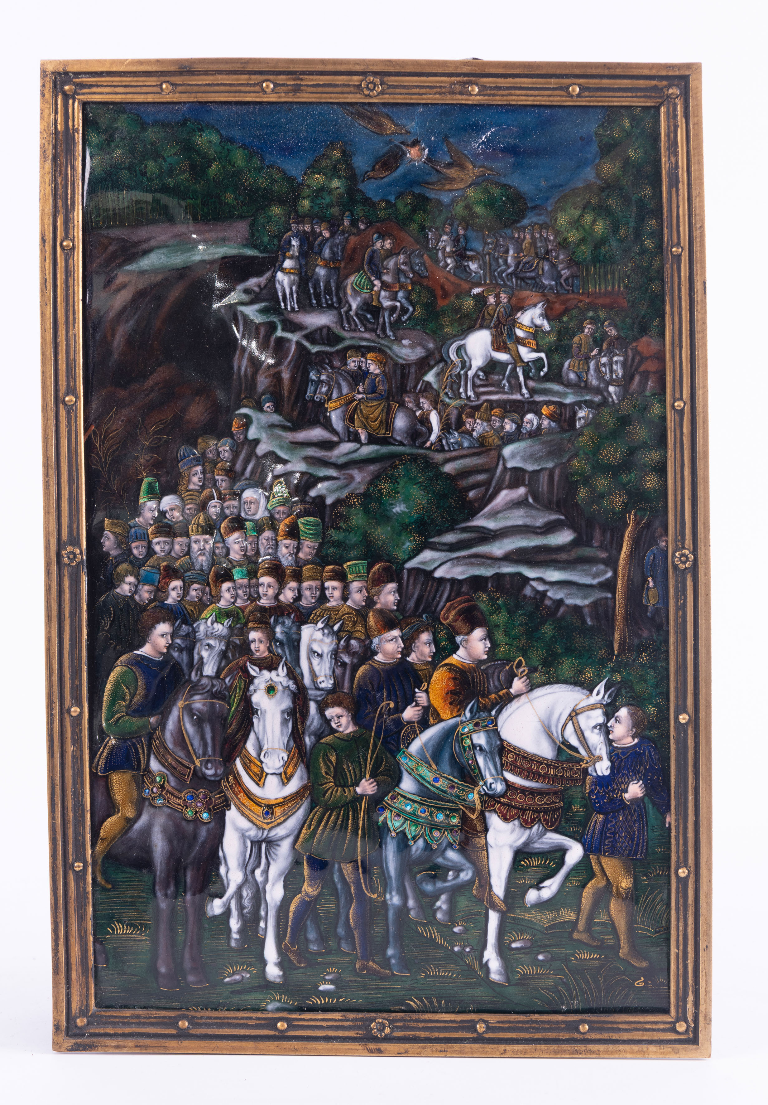 LIMOGES, S.XIX, según BENOZZO GOZZOLI
“Cortejo de los Reyes Magos”
Placa de esmalte pintado y...