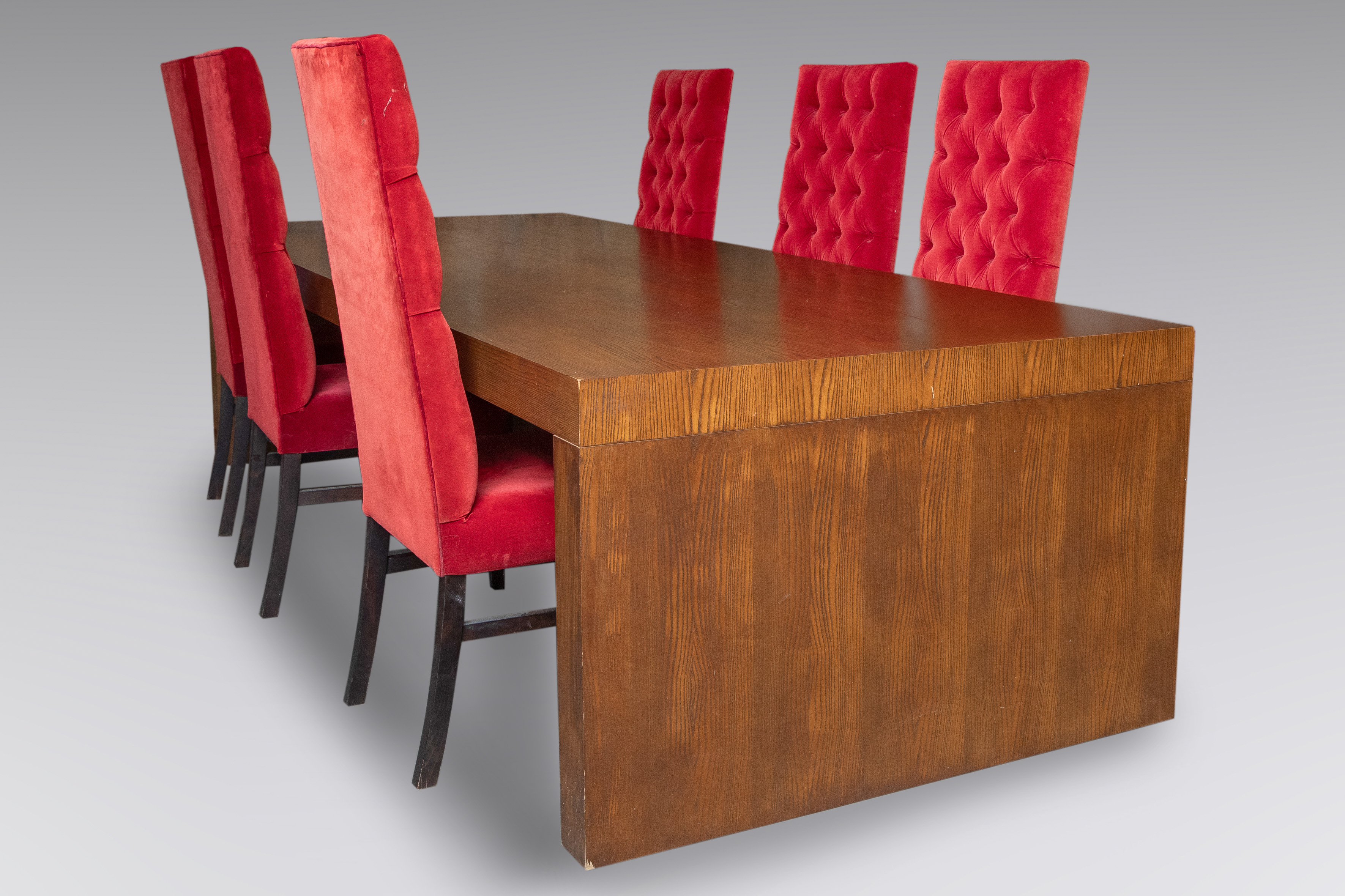 Conjunto de mesa de comedor de diseño contemporáneo en madera de nogal, seis sillas de diseño...