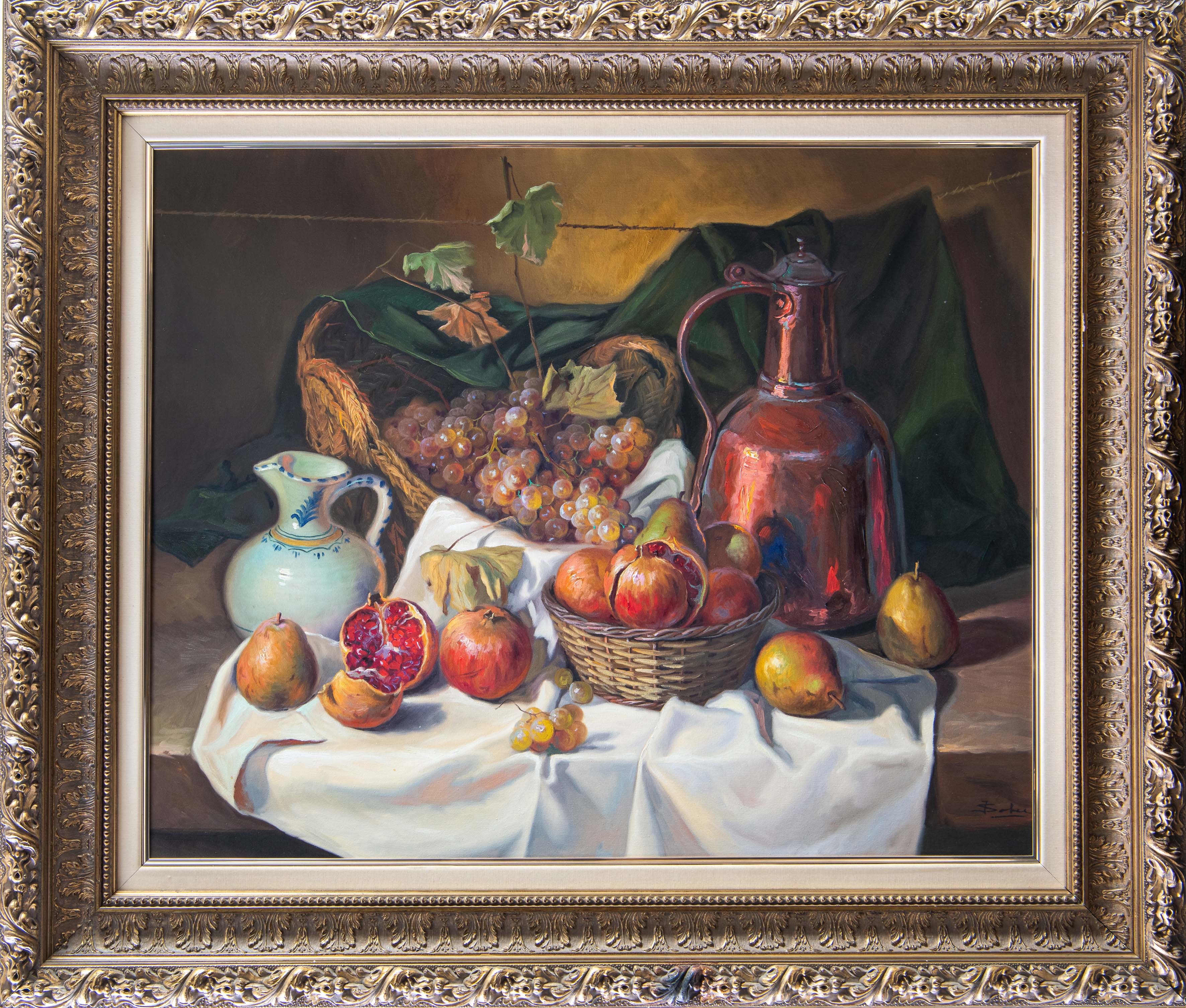 ESCUELA ESPAÑOLA, S. XX
“Bodegón con frutas y cacharros”
Óleo sobre tabla.
Medidas: 
Firmado en...