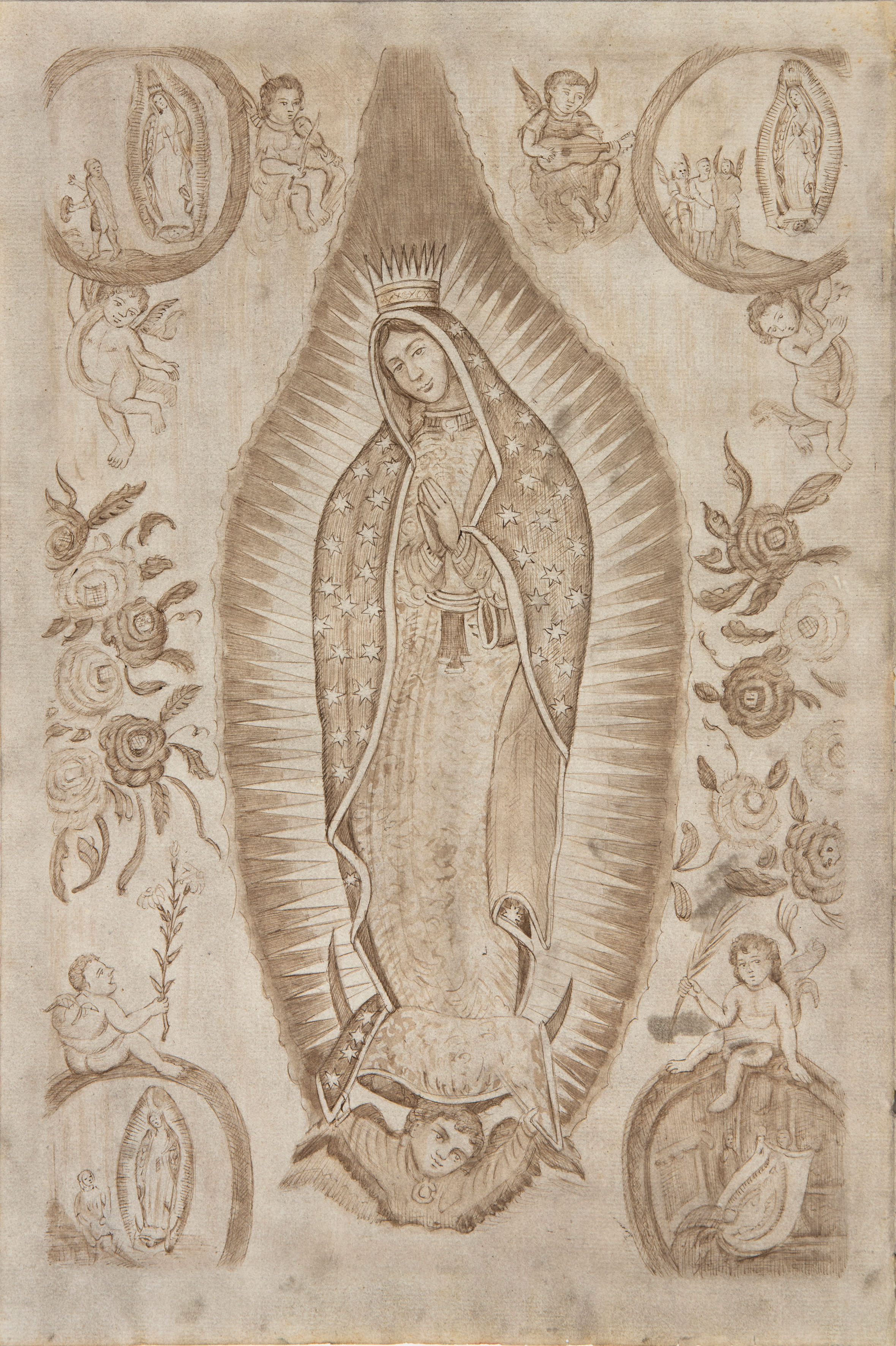 ESCUELA NOVOHISPANA, S. XVIII
Virgen de Guadalupe
Pluma y aguada de tinta parda sobre papel...
