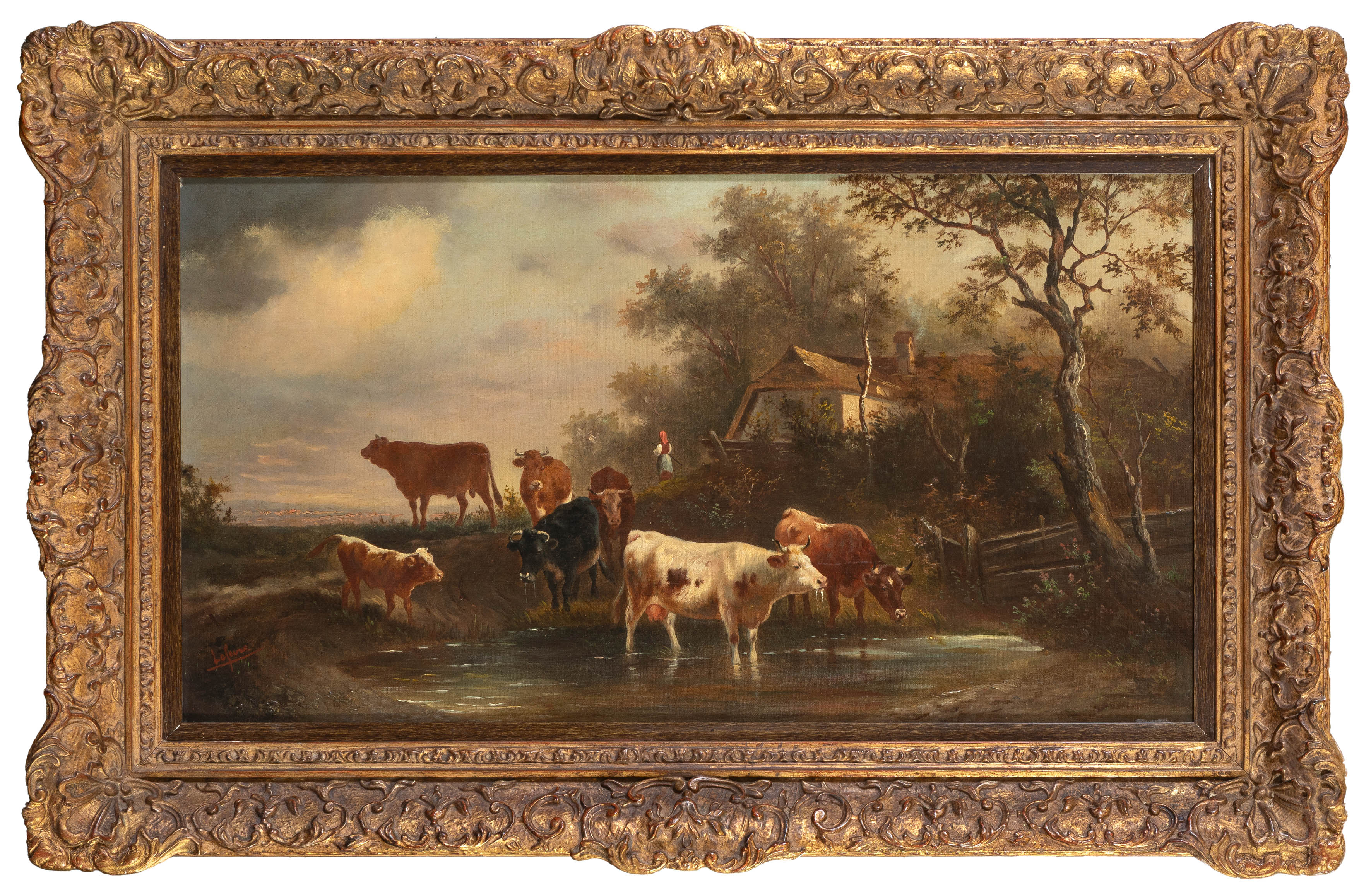 ESCUELA FRANCESA,  S. XIX
"Escena campestre"
Óleo sobre lienzo
Medidas: 29 x 56 cm.
Firmado.