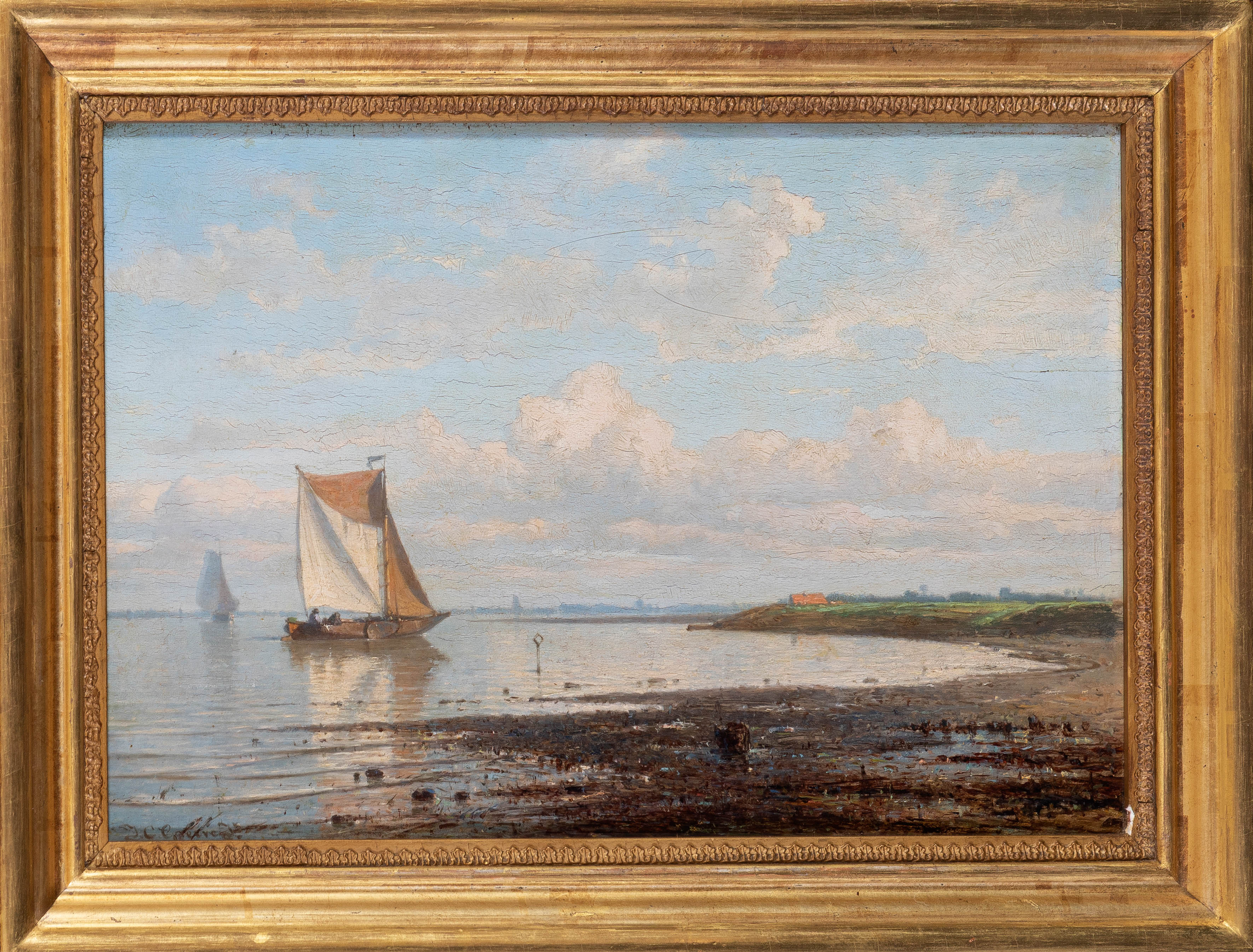 ESCUELA HOLANDESA, S. XIX
Marina
Óleo sobre tabla.
Medidas: 22 x 34 cm.
Firma ilegible en el ángulo...