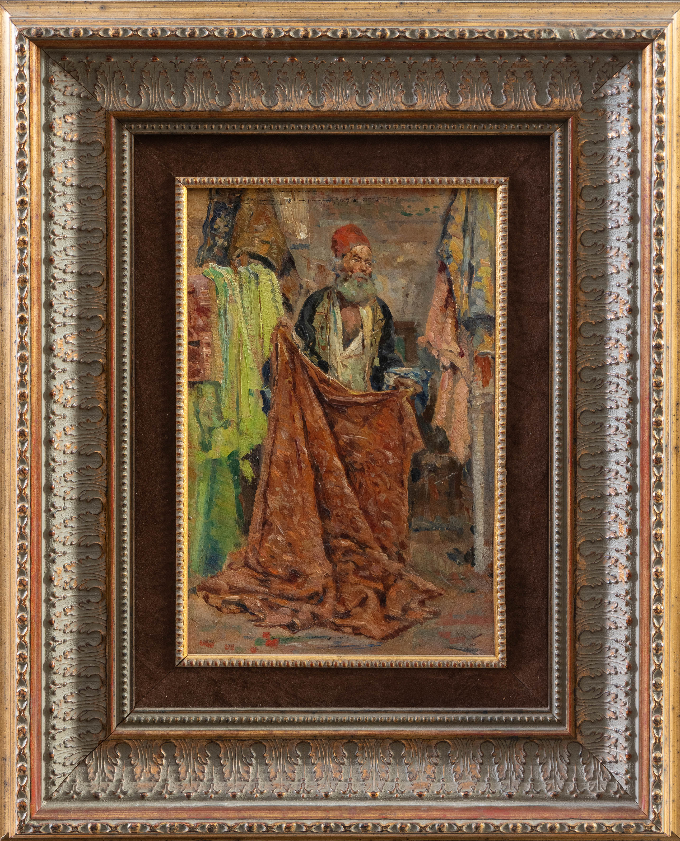 ANTONIO REYNA MANESCAU (Coín, 1859-Roma, 1937)
"Vendedor de alfombras"
Óleo sobre tabla.
Medidas:...