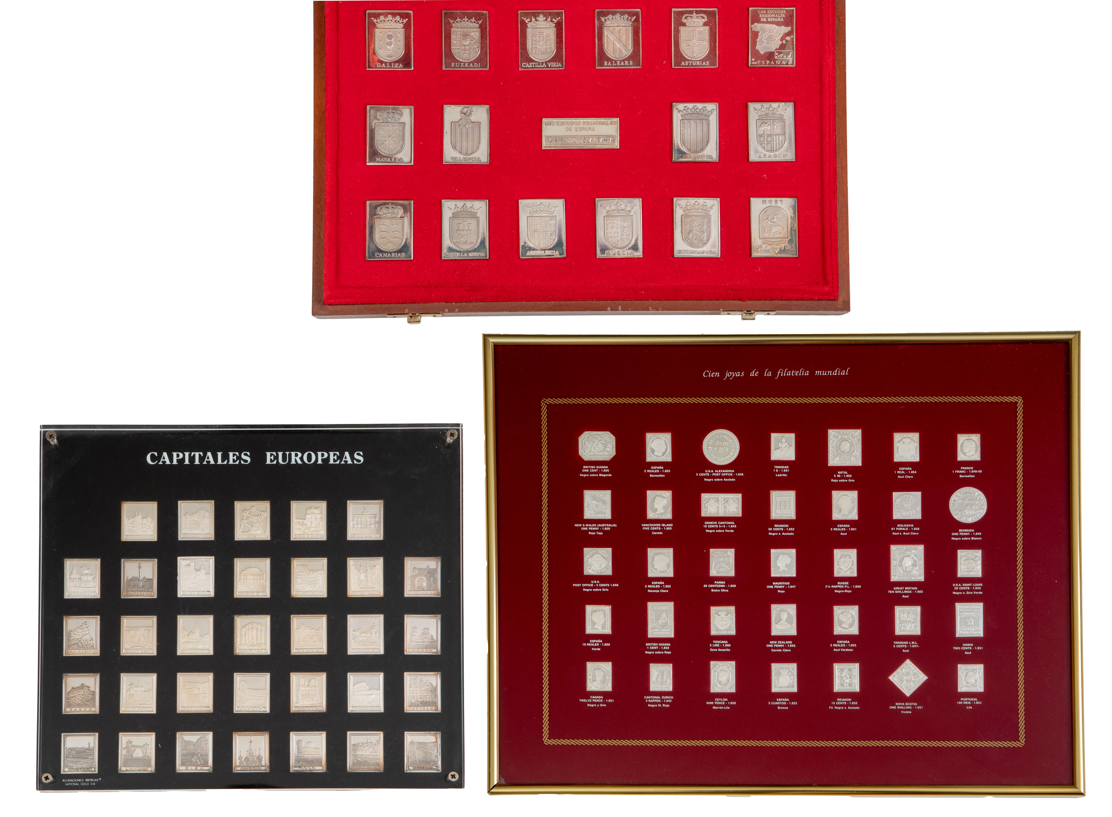 Colección de sellos y escudos en plata enmarcados compuesto por:
Joyas de la filatelia mundial;...