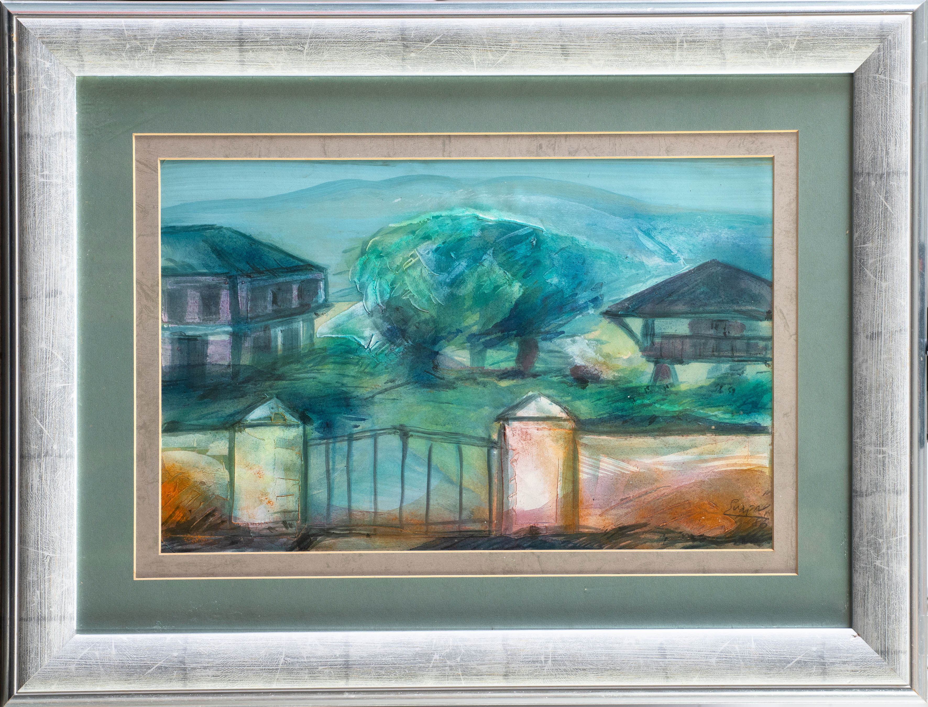 ANTONIO SUÁREZ (Gijón 1923-Madrid 2013) 
"Finca de hórreos". 1984
Acuarela sobre papel 
Firmado y...