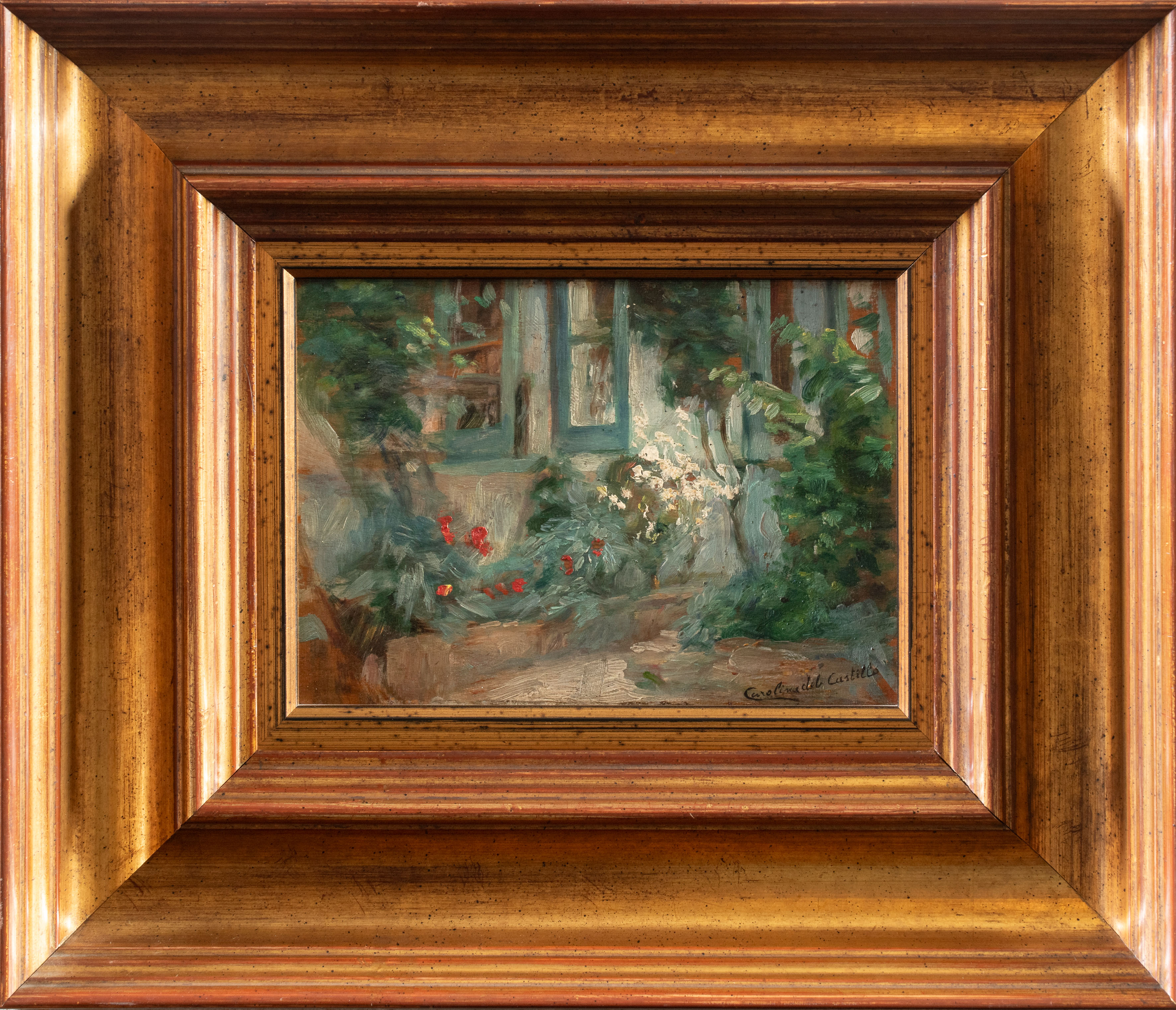 CAROLINA DEL CASTILLO (Gijón, 1867-1933)
"Jardín"
Óleo sobre tabla.
Medidas: 18 x 27 cm.
Firmado.