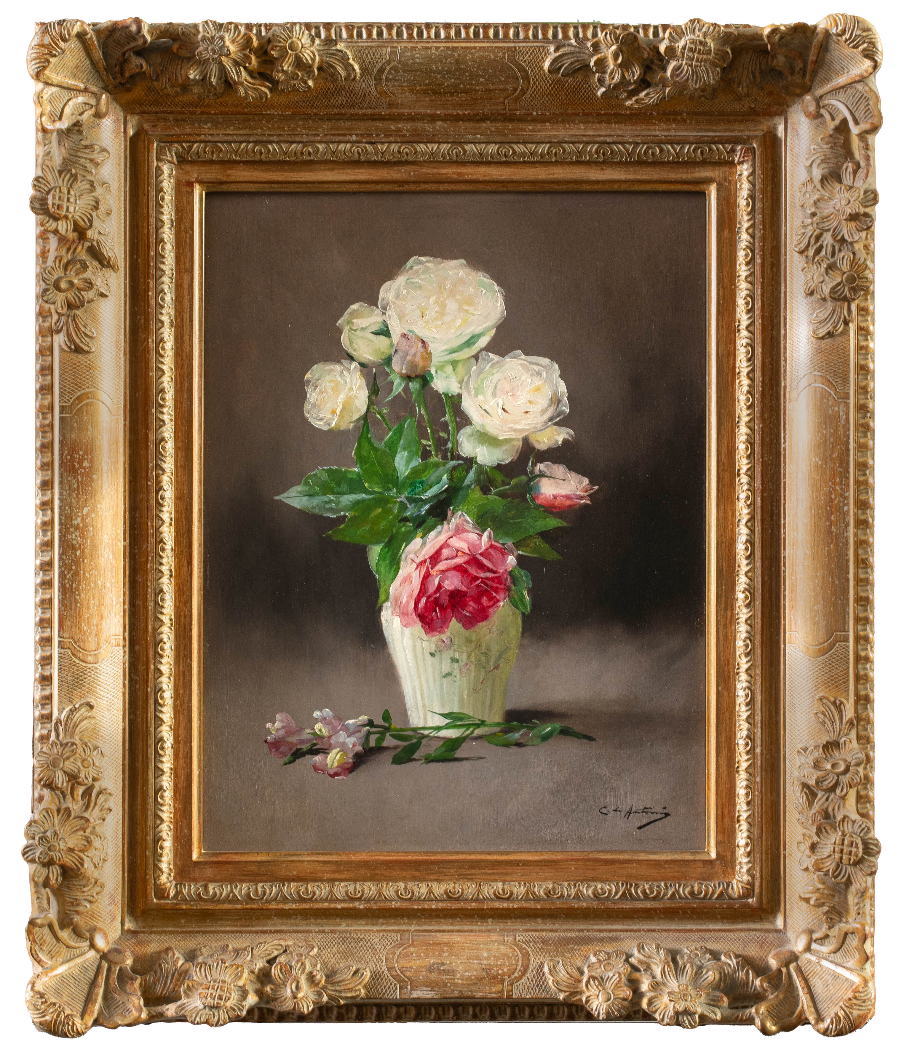 CRISTÓBAL DE ANTONIO (Barcelona, 1867-1905)
"Vaso con rosas"
Óleo sobre tablex.
Medidas: 35 x 27...