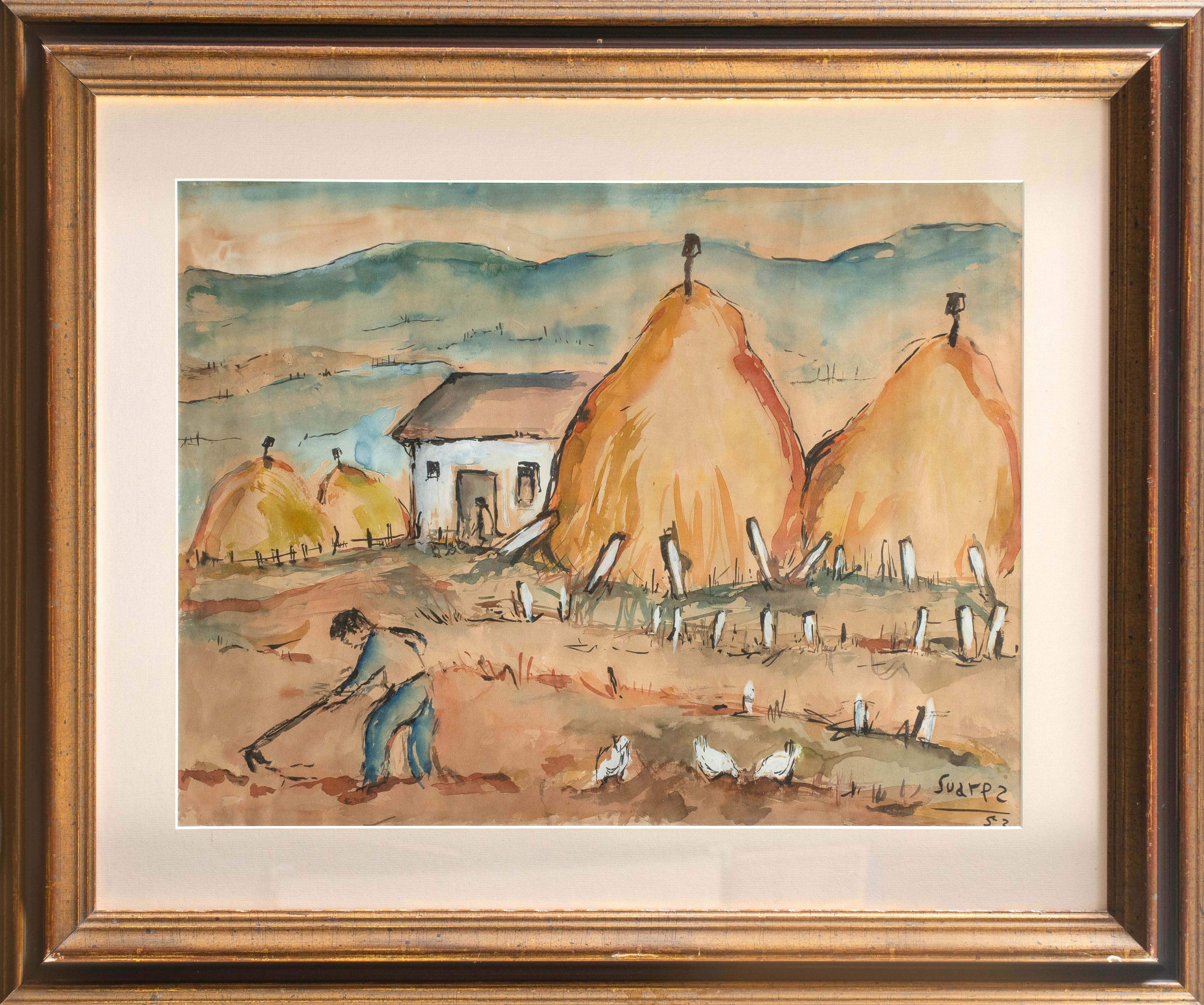 ANTONIO SUÁREZ (Gijón 1923-Madrid 2013)
"Granja". 1952
Acuarela sobre papel
Firmado y fechado...