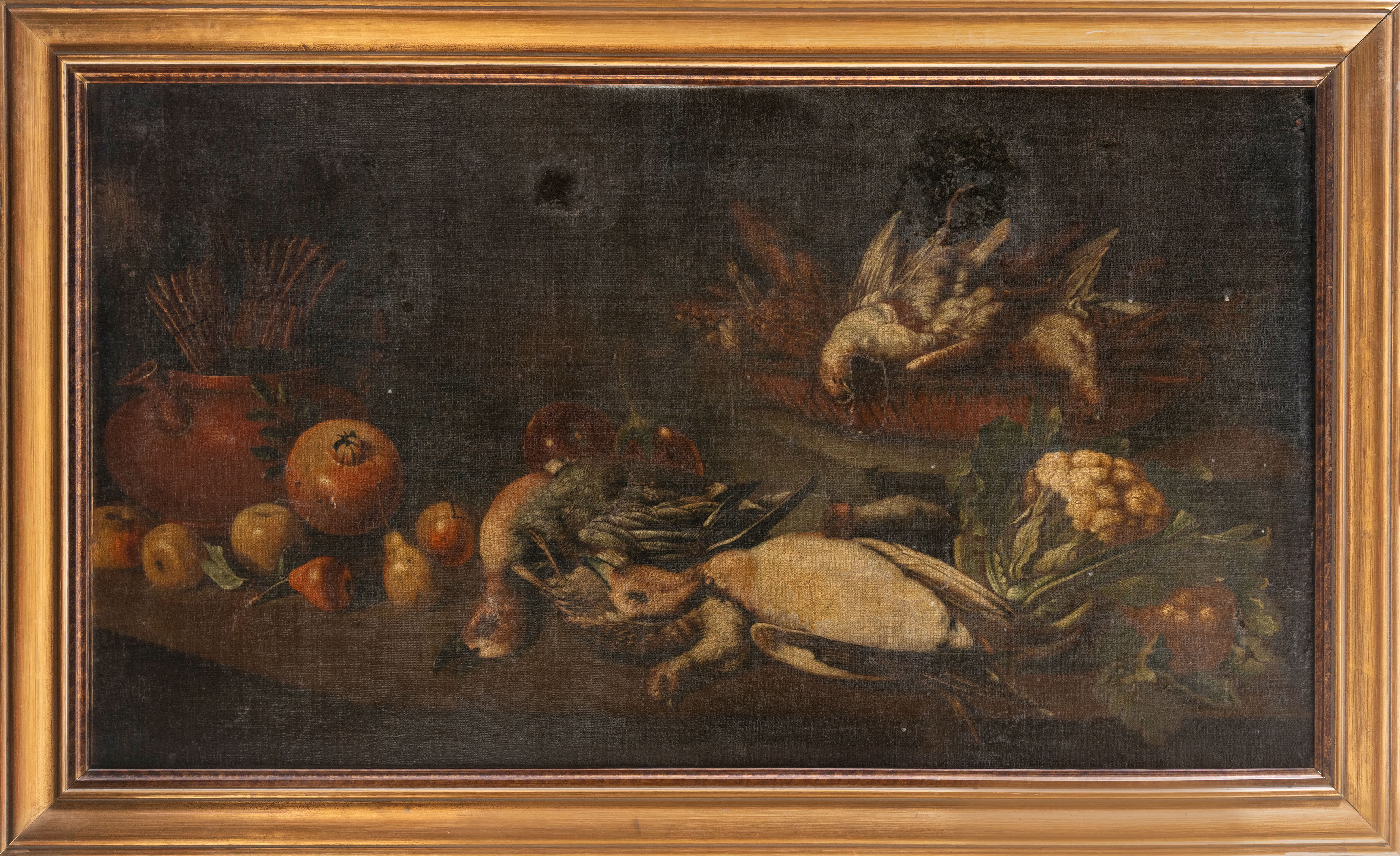 ESCUELA ESPAÑOLA, S. XVII
“Bodegón con frutas, hortalizas y aves de caza”
Óleo sobre...