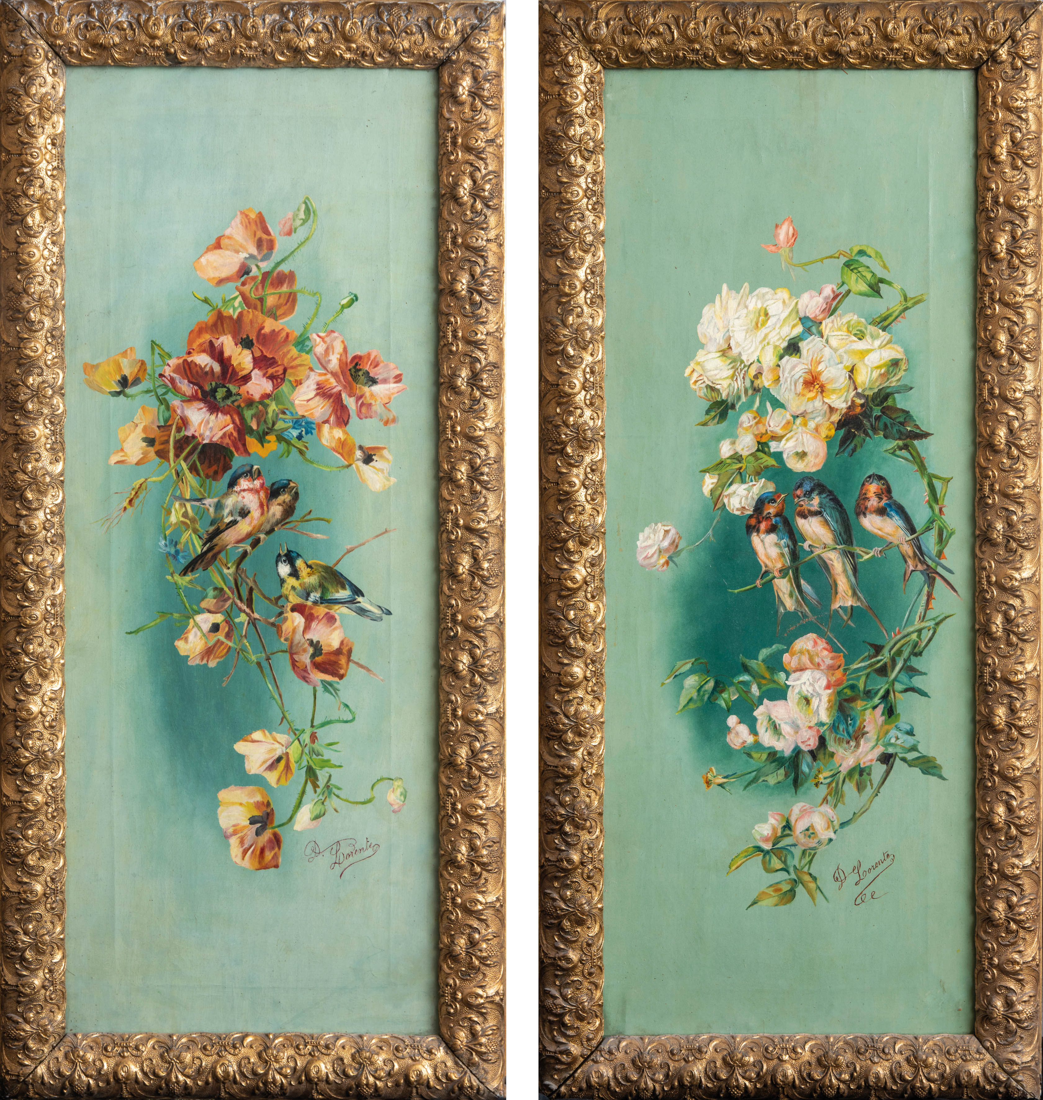 ESCUELA ESPAÑOLA S.XX.
"Ramilletes de flores con pájaros"
Firmados: D. Lorente.
Óleo sobre...