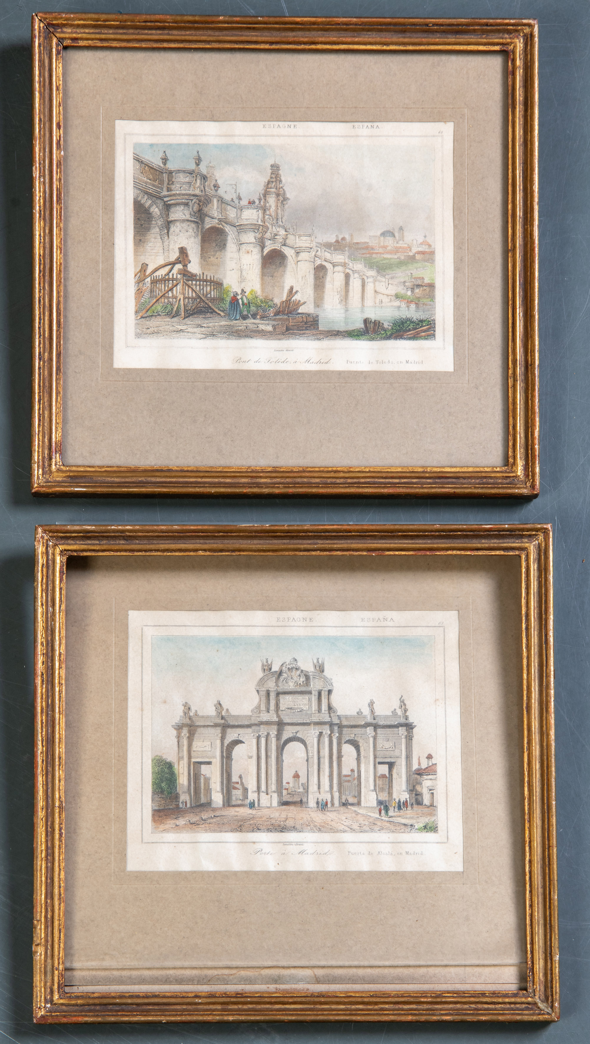 ESCUELA MADRILEÑA S. XIX
"El Puente de Toledo" & "La Puerta de Alcalá"
Pareja de grabados del S....