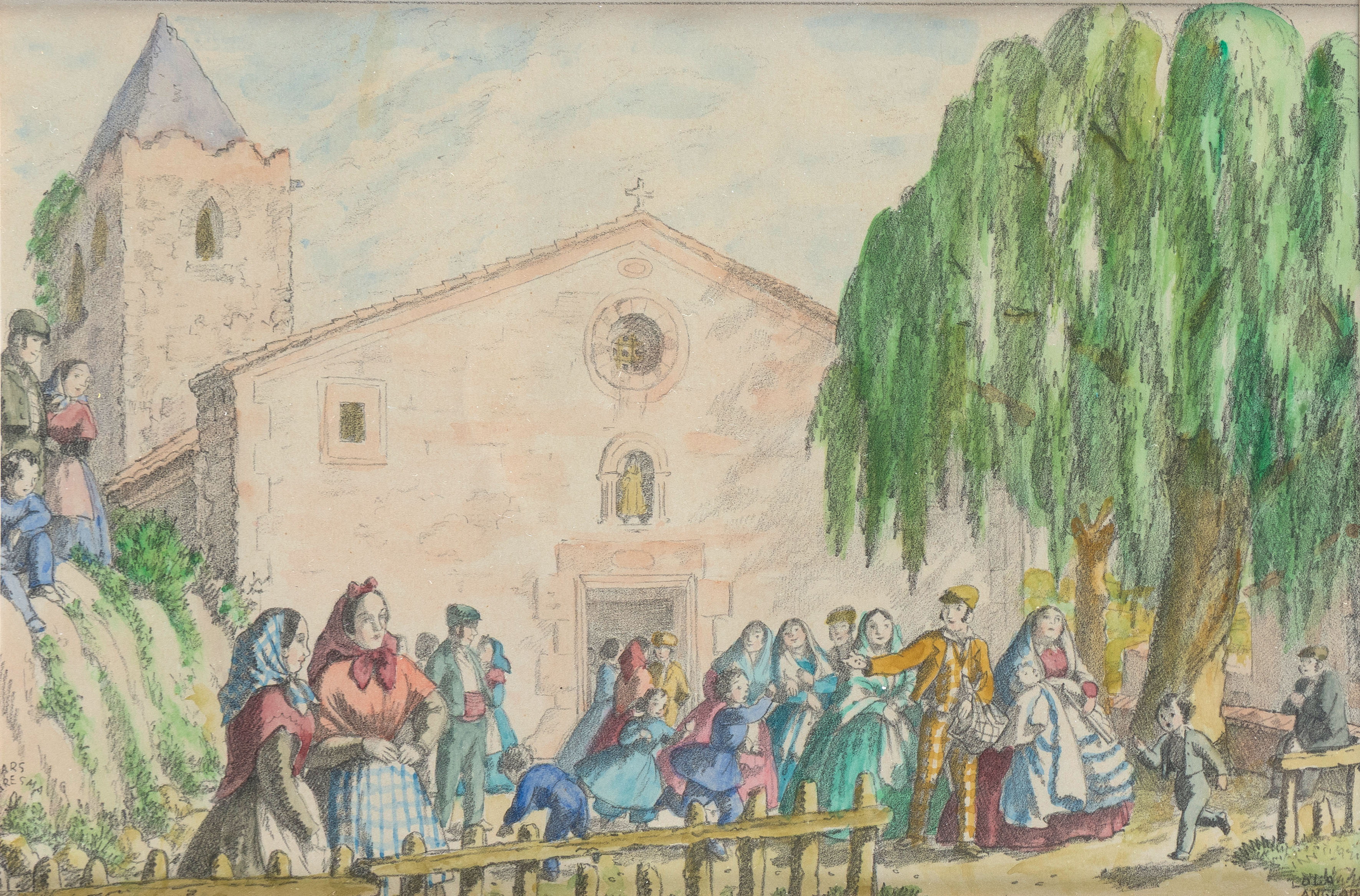 LOLA ANGLADA (Barcelona 1896-Tiana, Barcelona 1984) 
"A la salida de la iglesia"
Acuarela y lápiz...