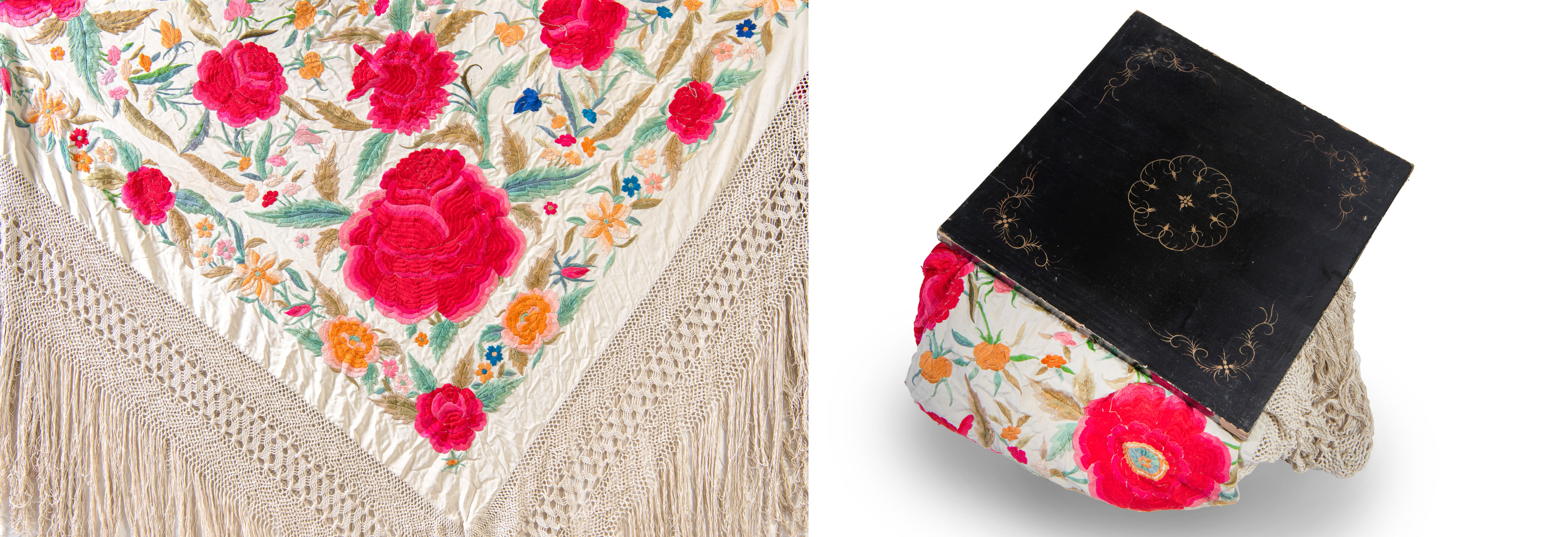 Mantón de Manila con jardín de peonías, Filipinas, ca. 1900
Campo color marfil con jardín de...