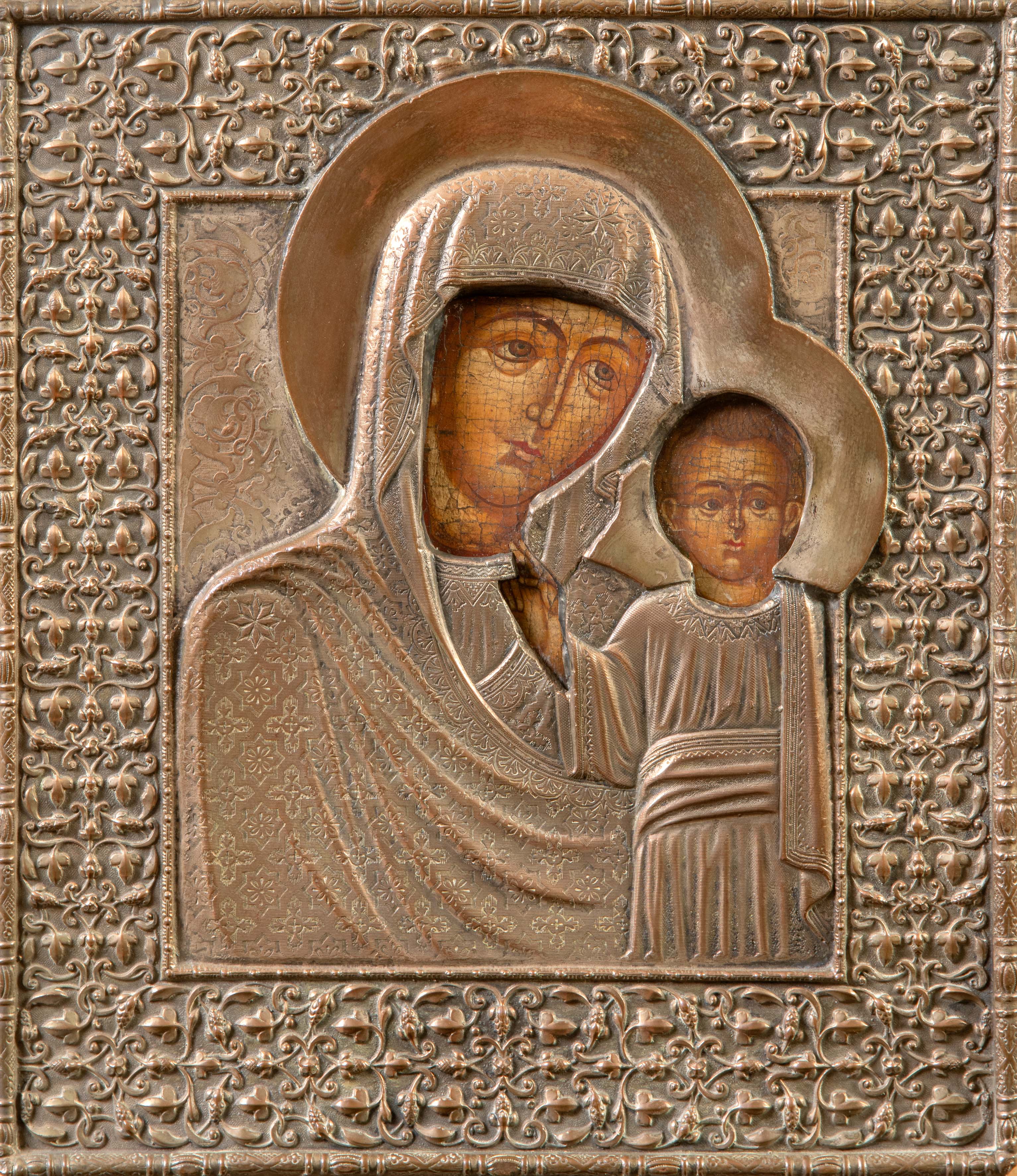 ICONO ORTODOXO, S. XIX
"Virgen de Kazán con Niño Jesús bendiciendo"
Óleo y cobre dorado sobre...