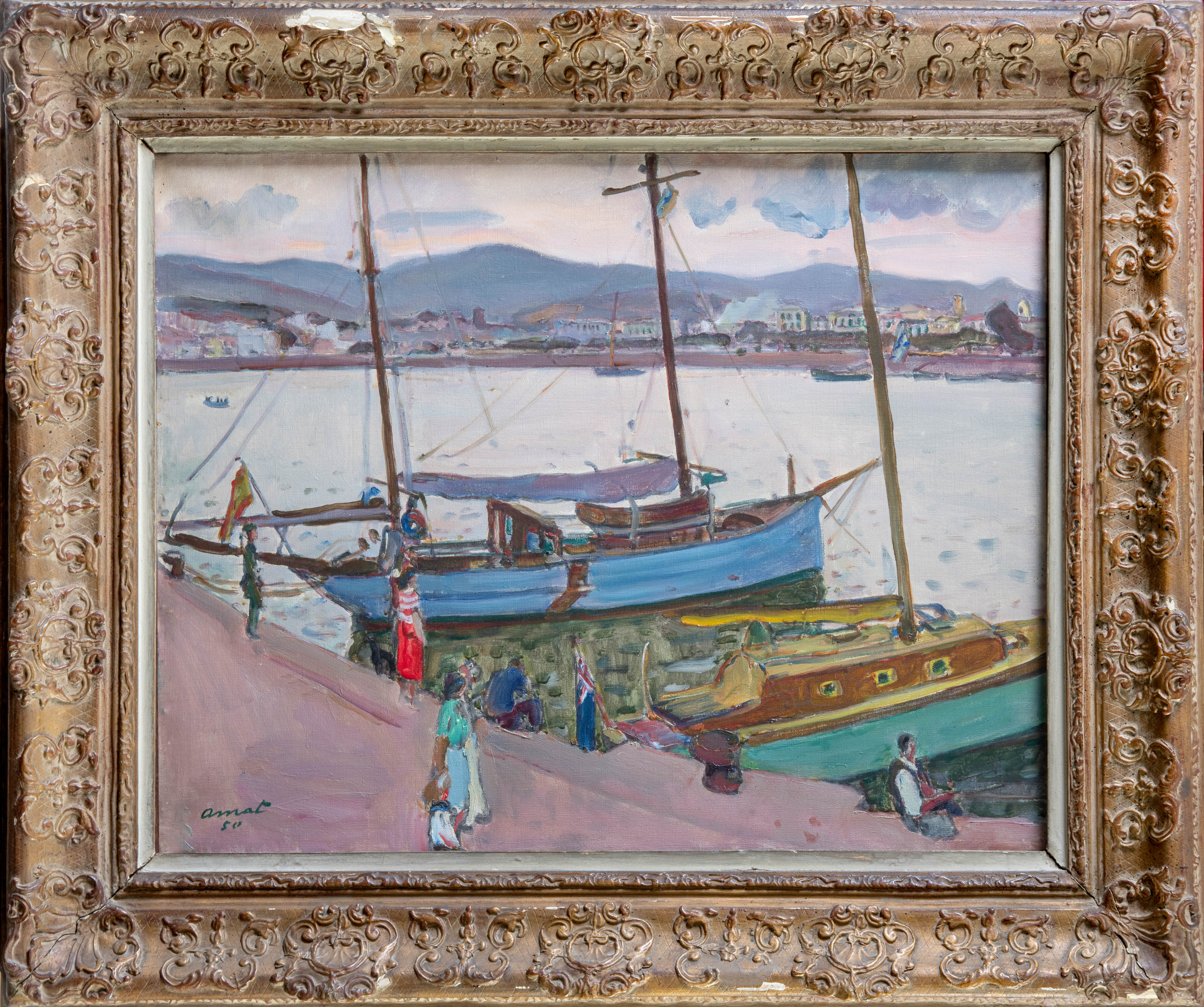 JOSEP AMAT PAGÉS (Barcelona, 1901-1991)
"Barcas"
1950
Óleo sobre lienzo.
Medidas: 50 x 65...