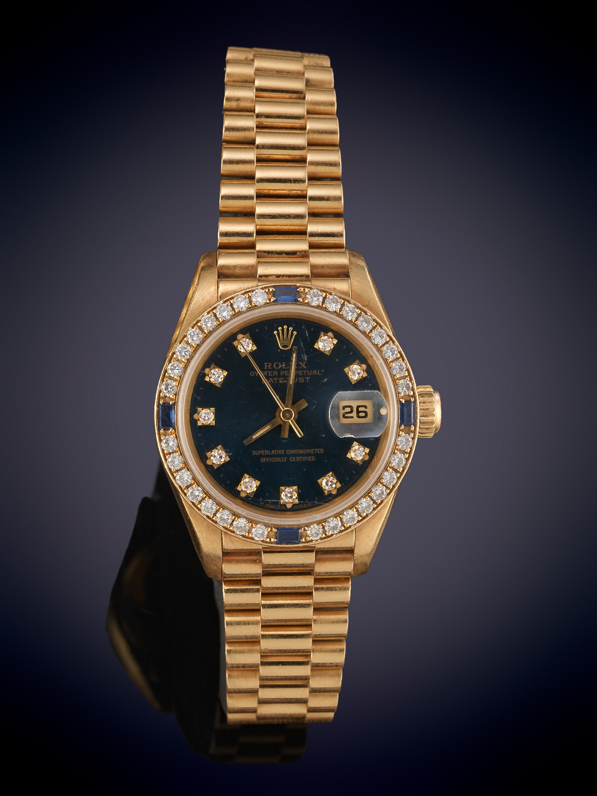 ROLEX LADY DATEJUST, RELOJ DE PULSERA PARA SEÑORA, EN ORO AMARILLO DE 18K. ESFERA AZUL, NUMERACIÓN...