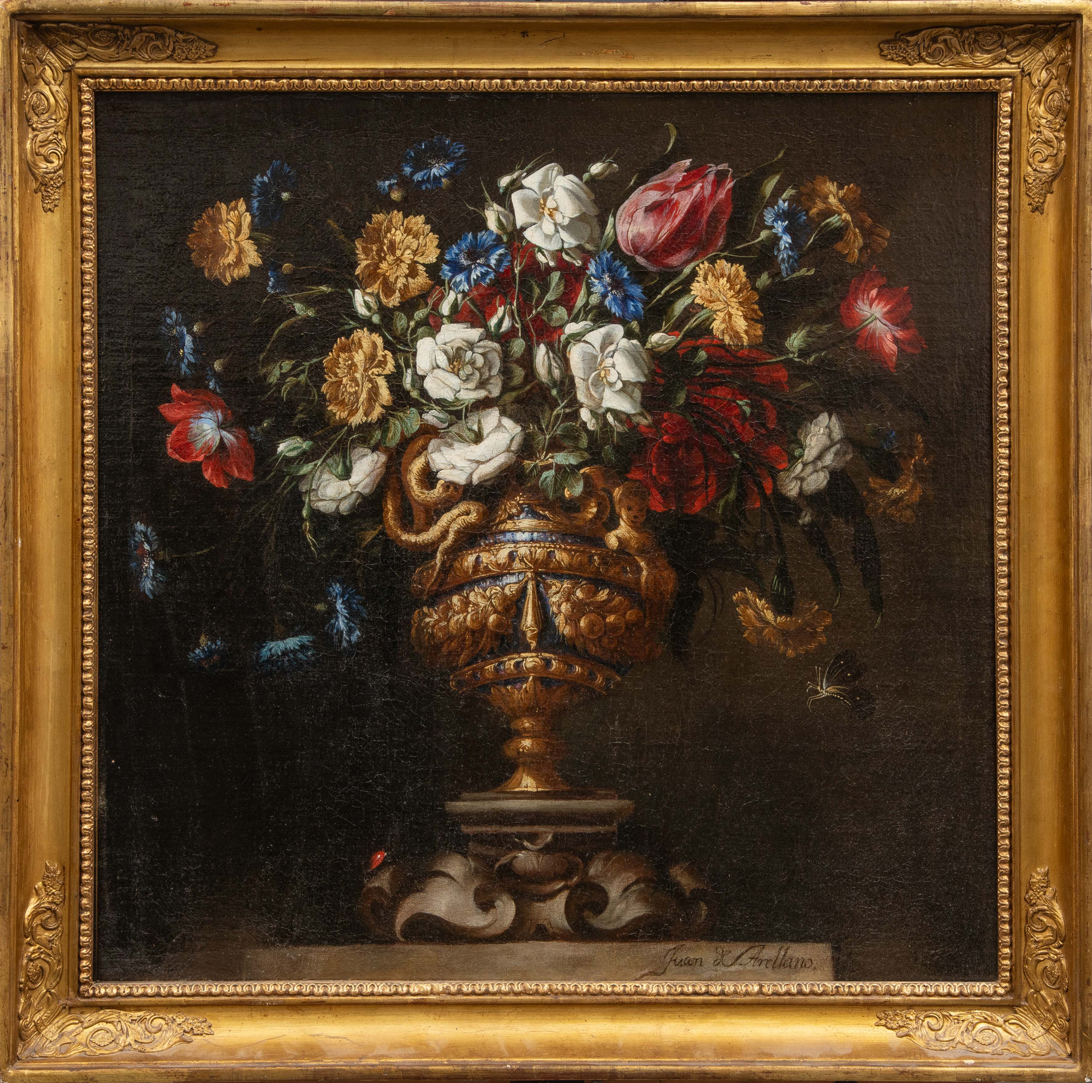 JUAN DE ARELLANO (Madrid, 1614-1676)
Jarrón con flores e insectos sobre un pedestal
ca. 1654
Óleo...