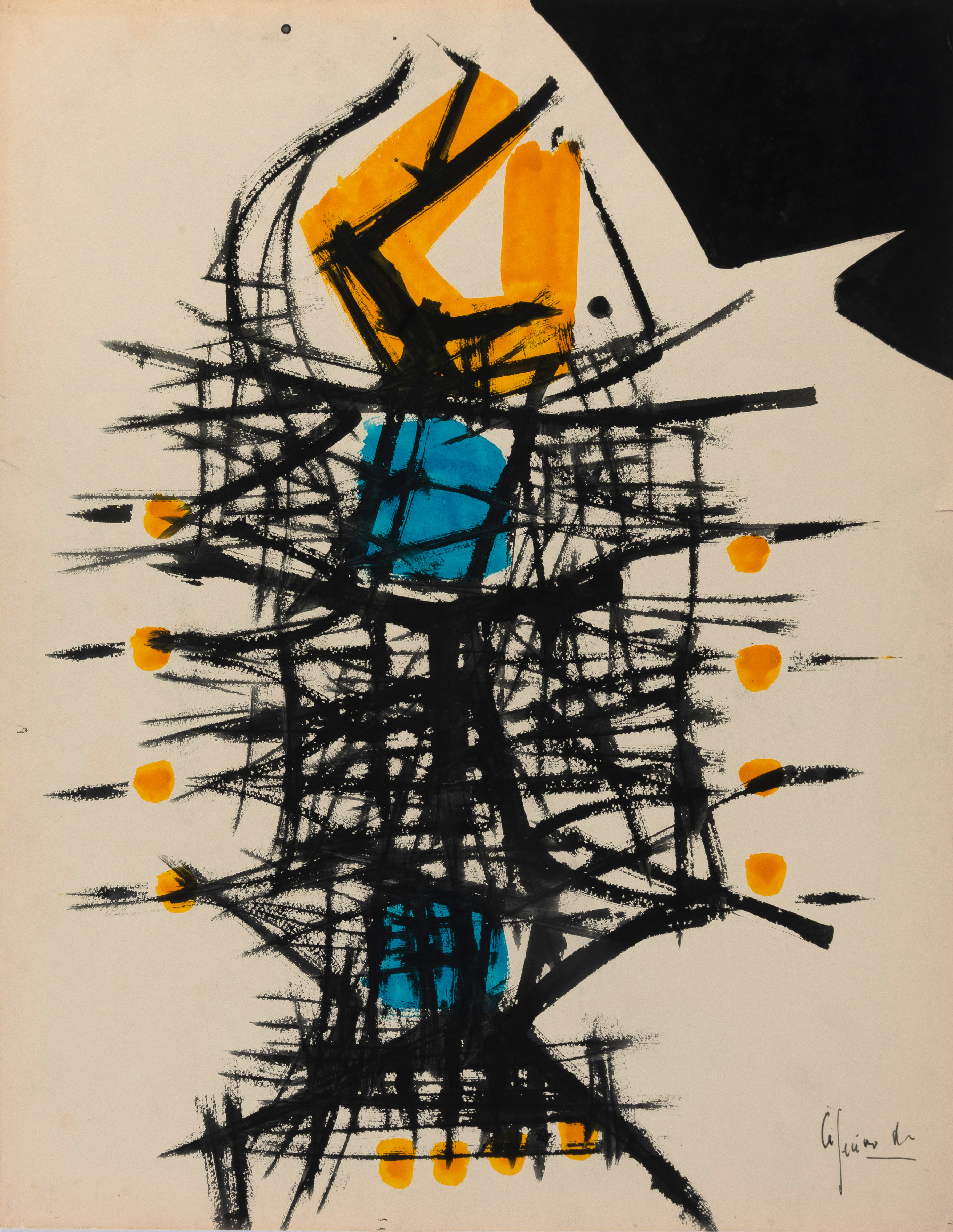 CEFERINO MORENO (Villena 1934-Madrid 2008)
"Composición en azúl y amarillo"
Acuarela y tinta aguada...