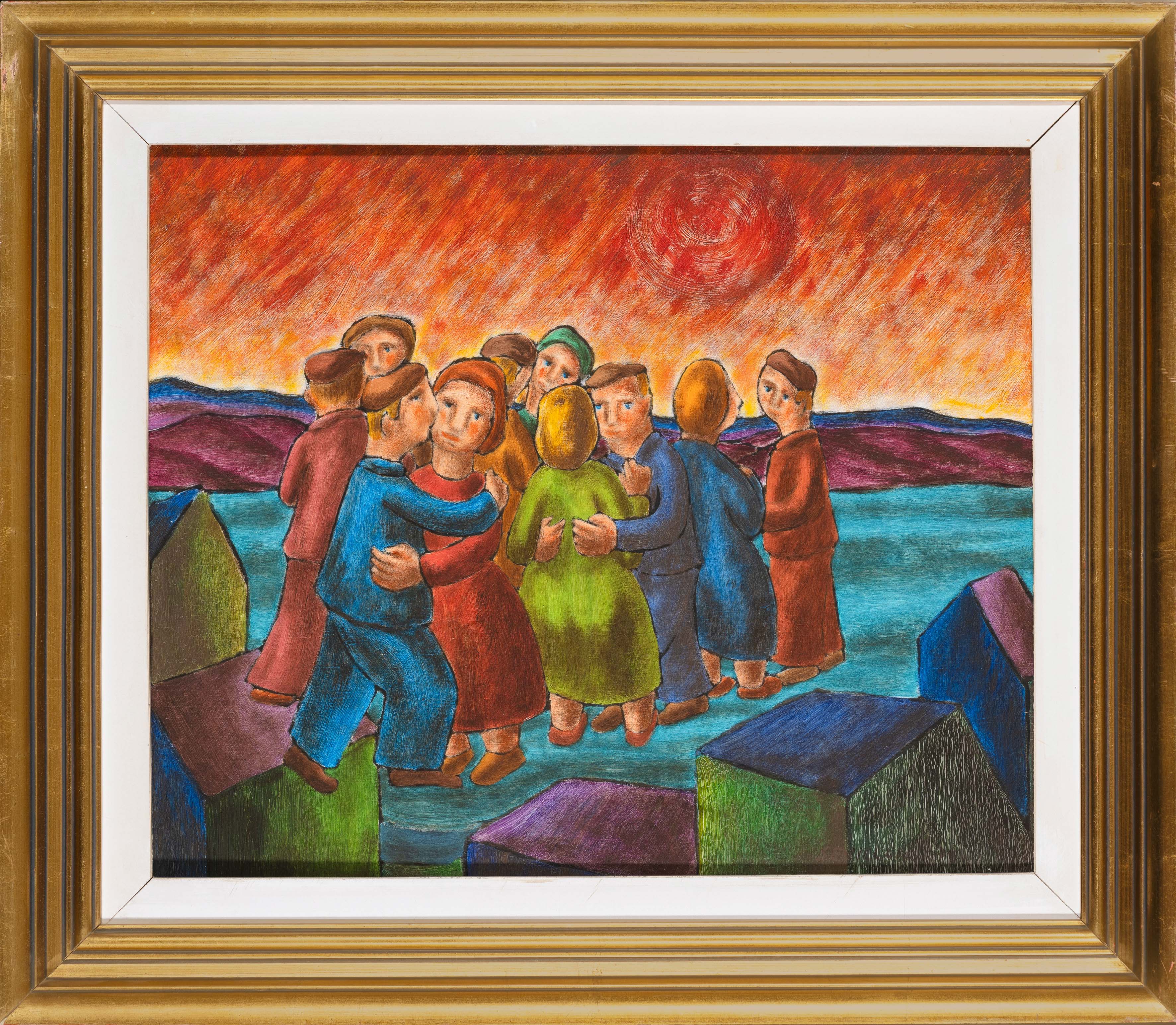 ÁNGEL SEVILLANO (Vigo1942-1994)
"En fiestas"
Óleo sobre tabla
Medidas: 38 x 46 cm.