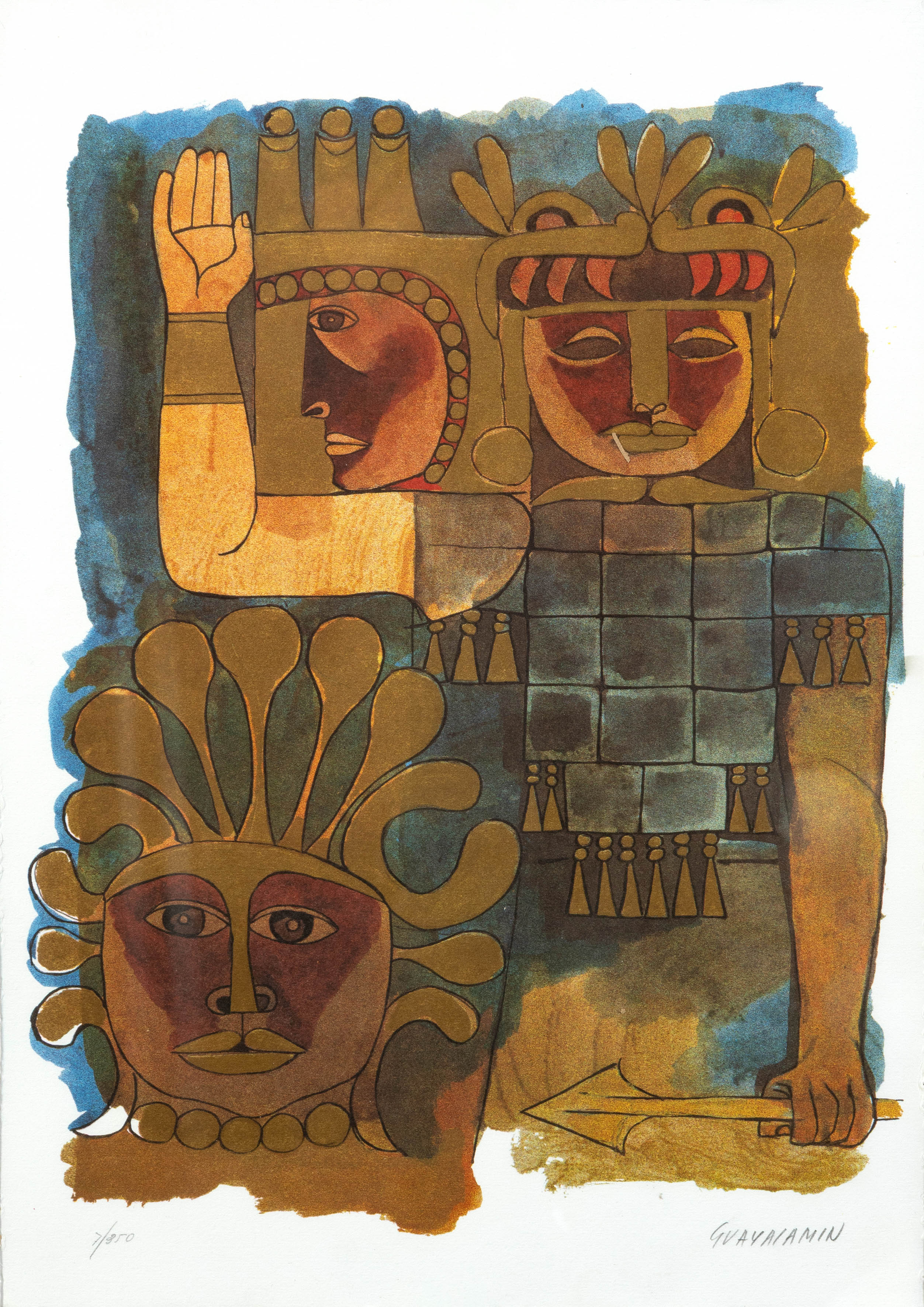 OSWALDO GUAYASAMÍN (Quito, Ecuador 1919-1999)
"Figuras precolombinas"
Aguafuerte y aguatinta sobre...