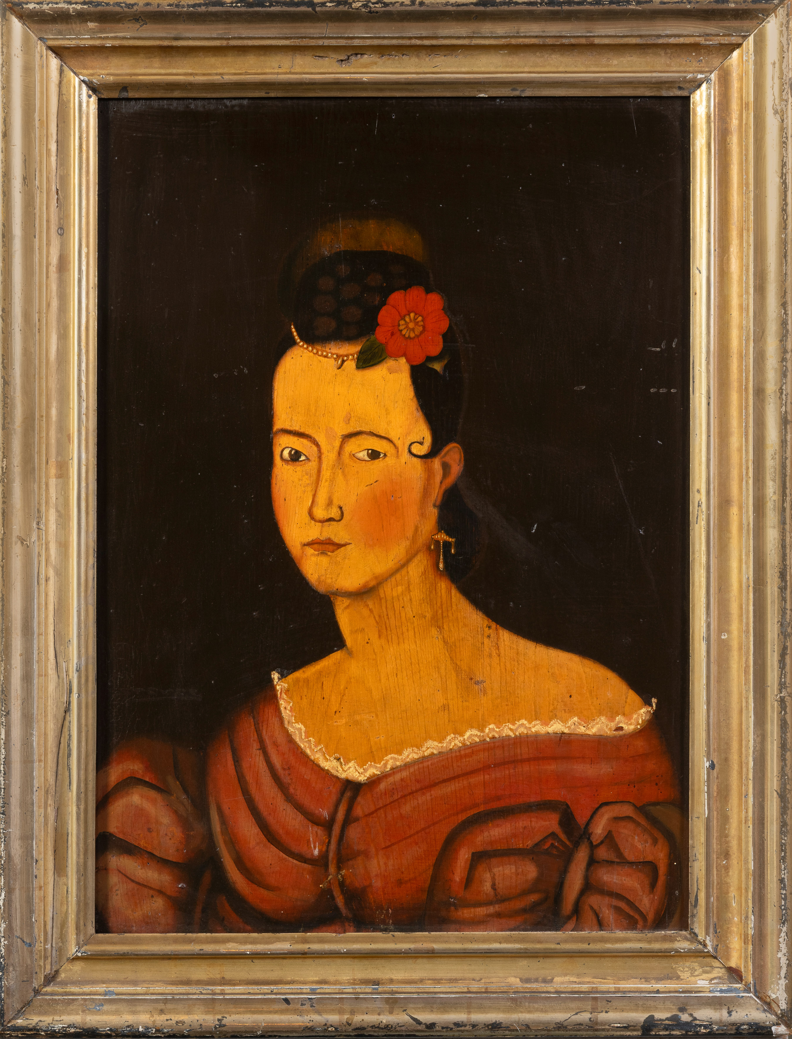 ESCUELA S.XX
"Retrato de dama con rizo y flor"
Óleo sobre tabla
Medidas: 58 x 40,5 cm.