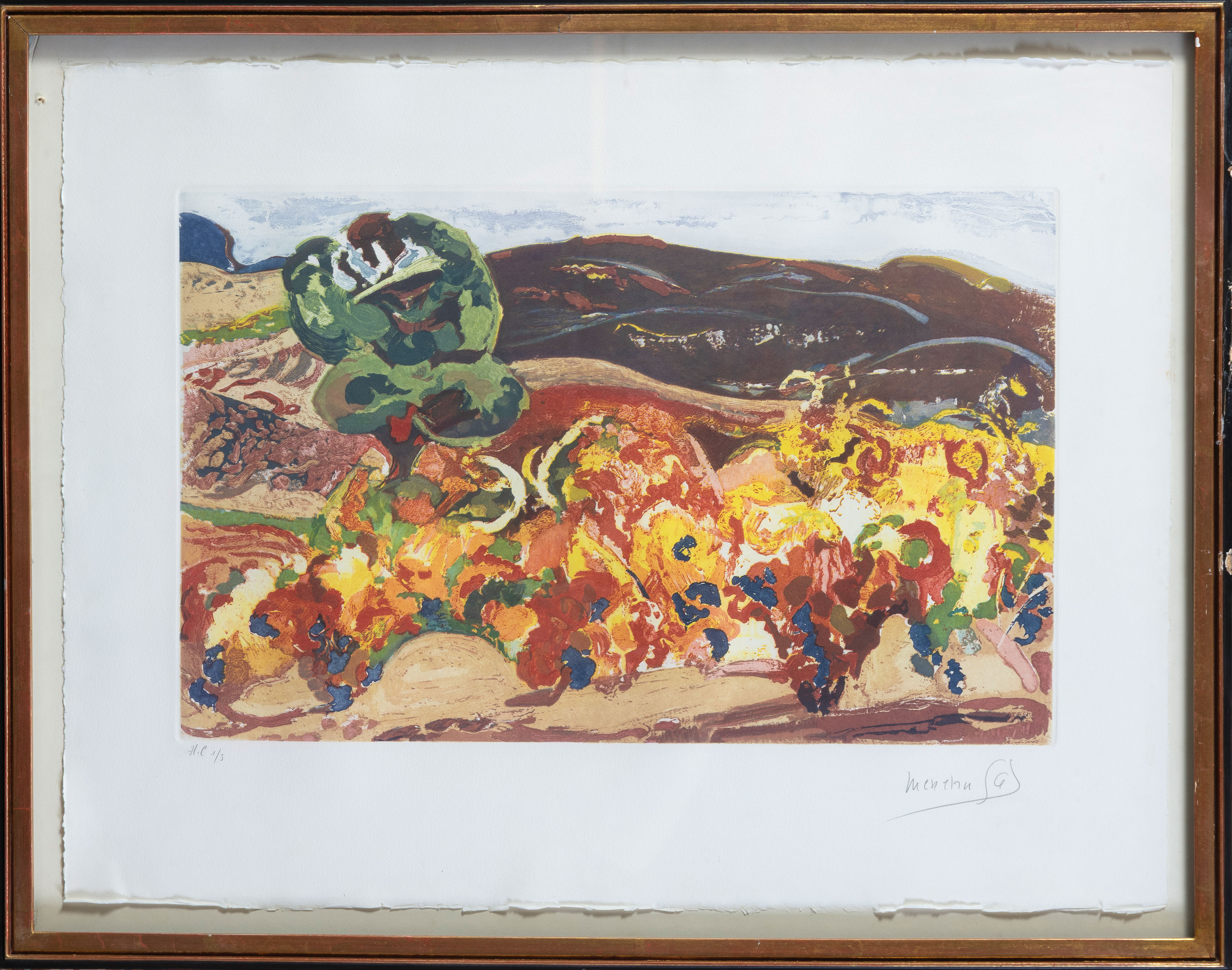  MENCHU GAL (Irún 1919-San Sebastián 2008)
"Viñedo"
Aguafuerte y aguatinta sobre sobre papel
Firmado a lápiz
Numerado HC 1/3
Medidas: 49 x 62 cm.