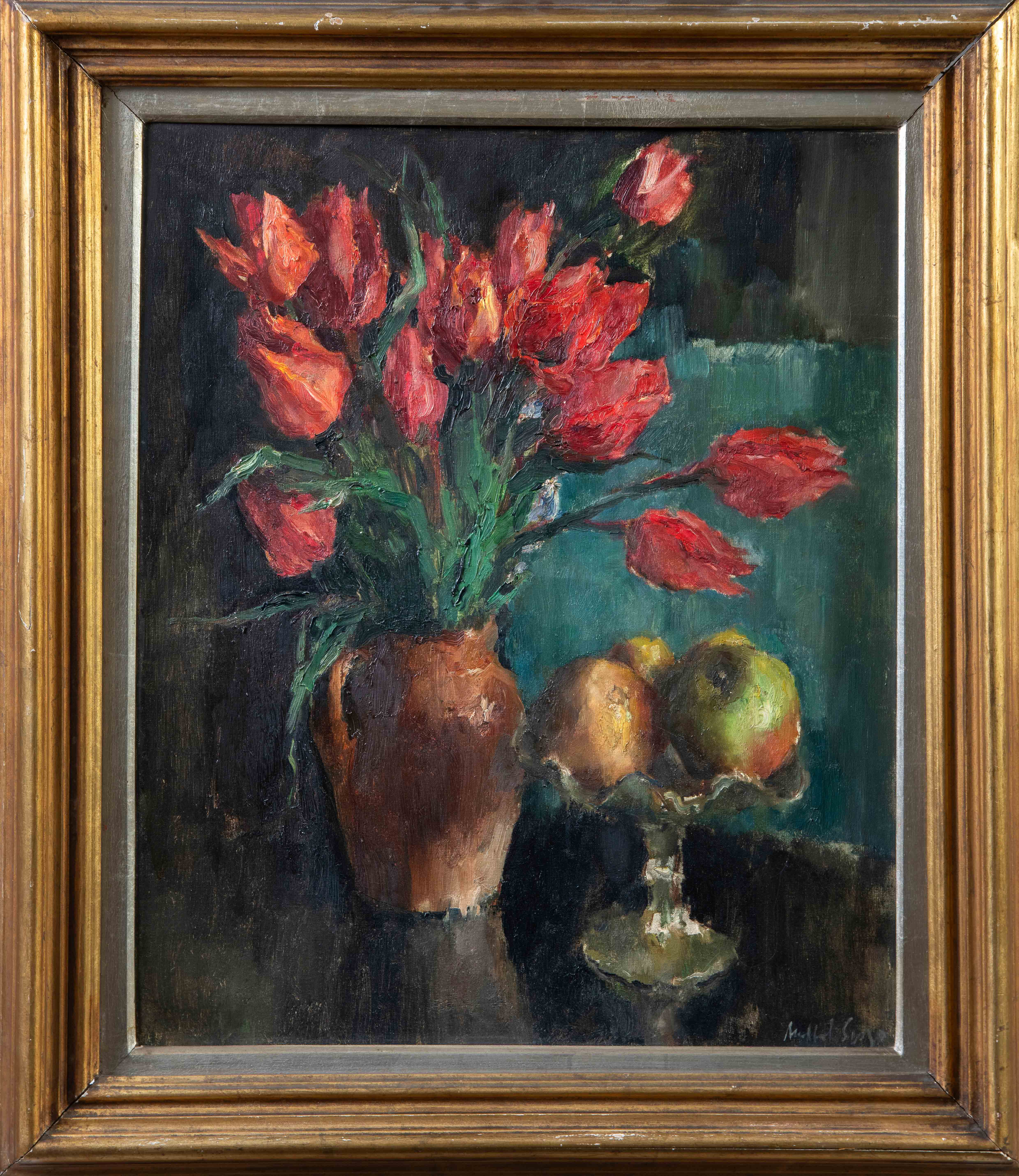 JOSEP MARÍA MALLOL SUAZO (Barcelona, 1910-1986)
"Tulipanes y manzanas"
Óleo sobre lienzo.
Medidas:...