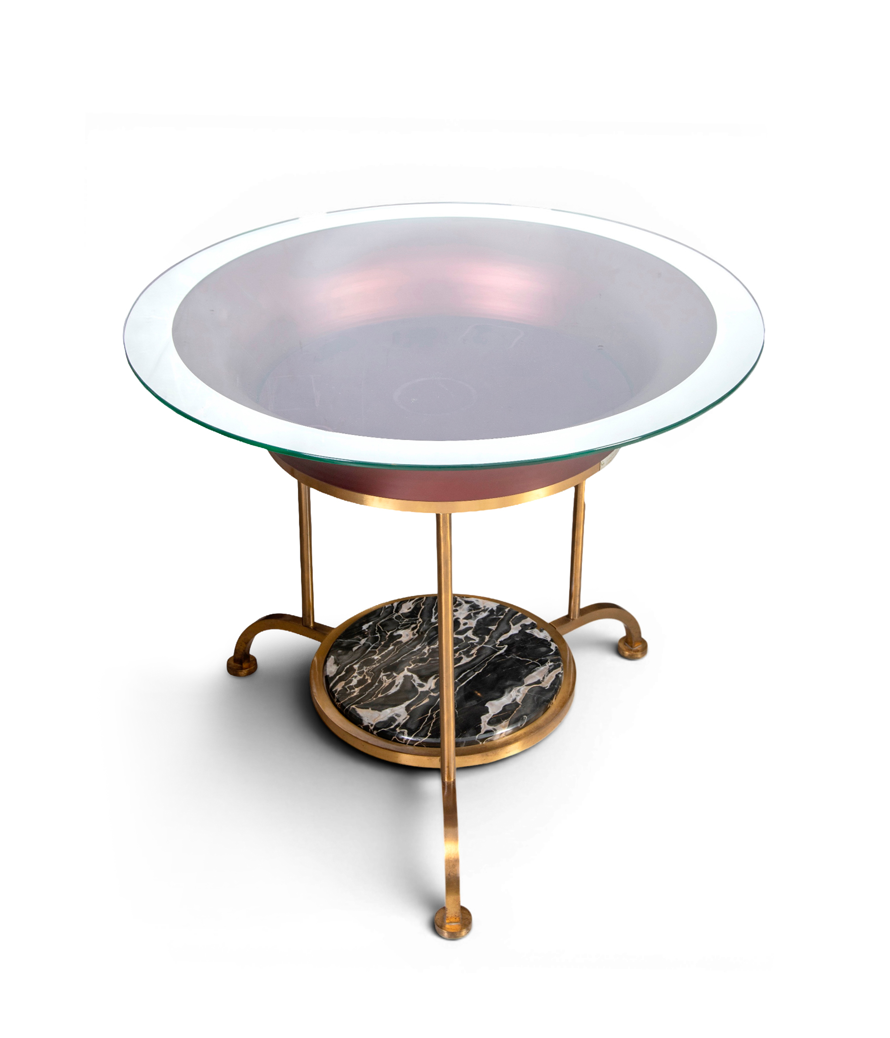 Mesa de centro circular con tapa de cristal y estructura metálica, Italia, años 50
Medidas: 70 x 85...