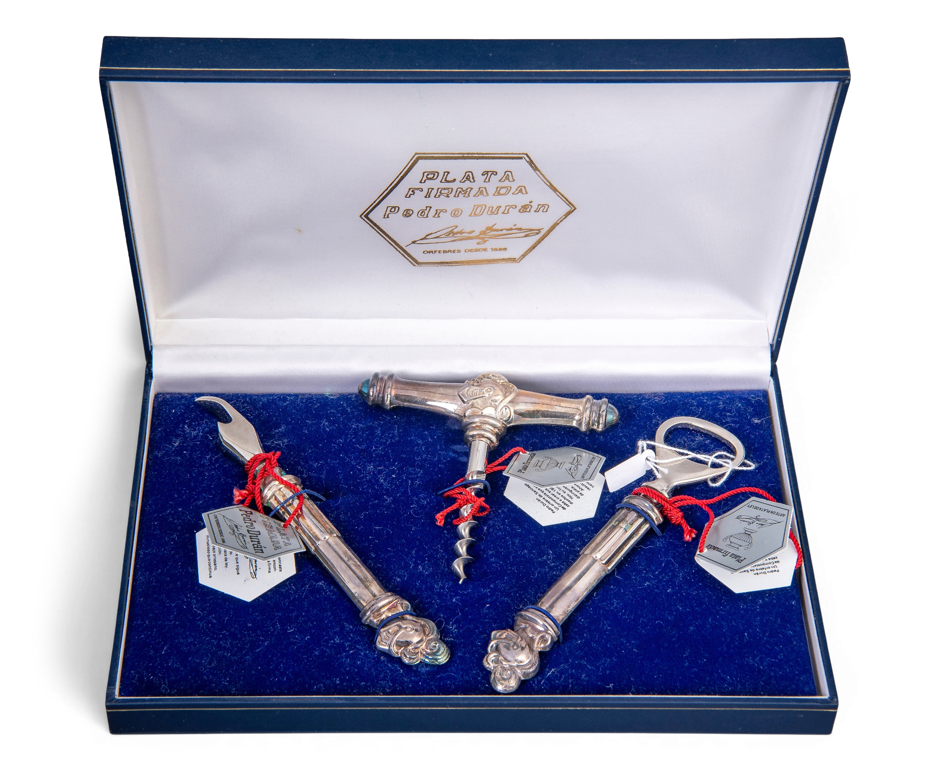 SET DE ABALORIOS PARA VINO EN PLATA FIRMADA PEDRO DURÁN 925 EN SU ESTUCHE ORIGINAL.