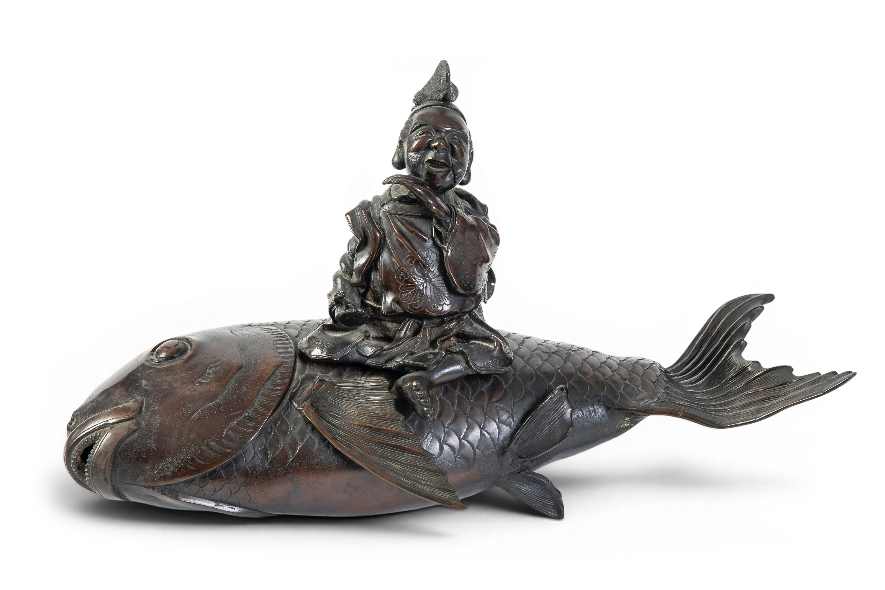 Incensario en forma de pez con figura de pescador en bronce pavonado, Japón, época Meiji, ca....