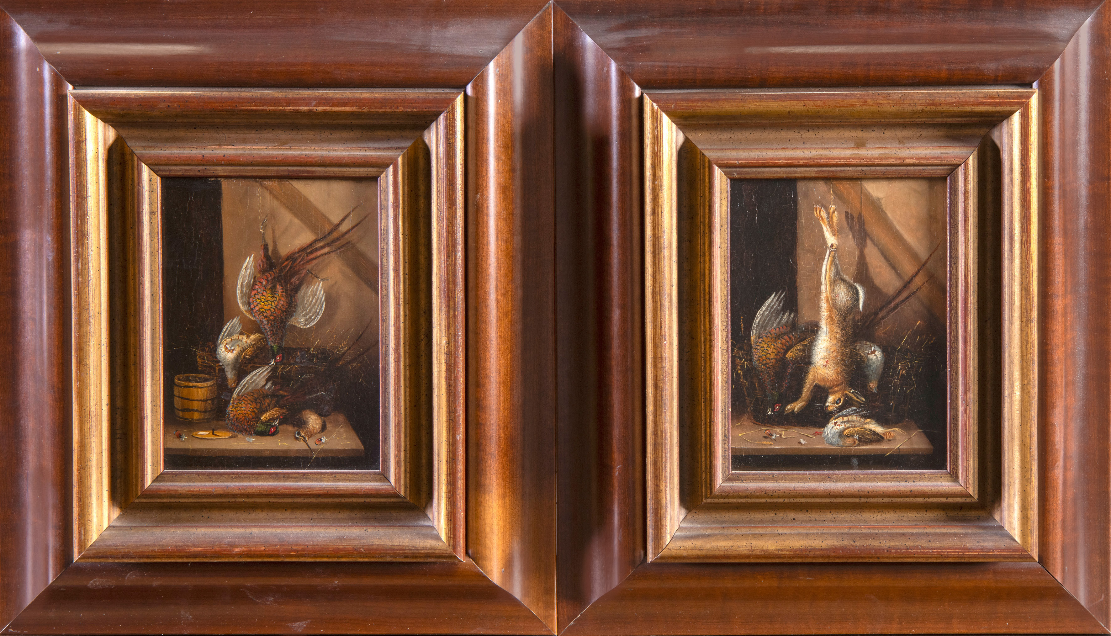 ESCUELA ESPAÑOLA, S. XX
“Bodegones de aves y caza”
Óleo sobre tabla.
Medidas: 22 x 17 cm cada uno.