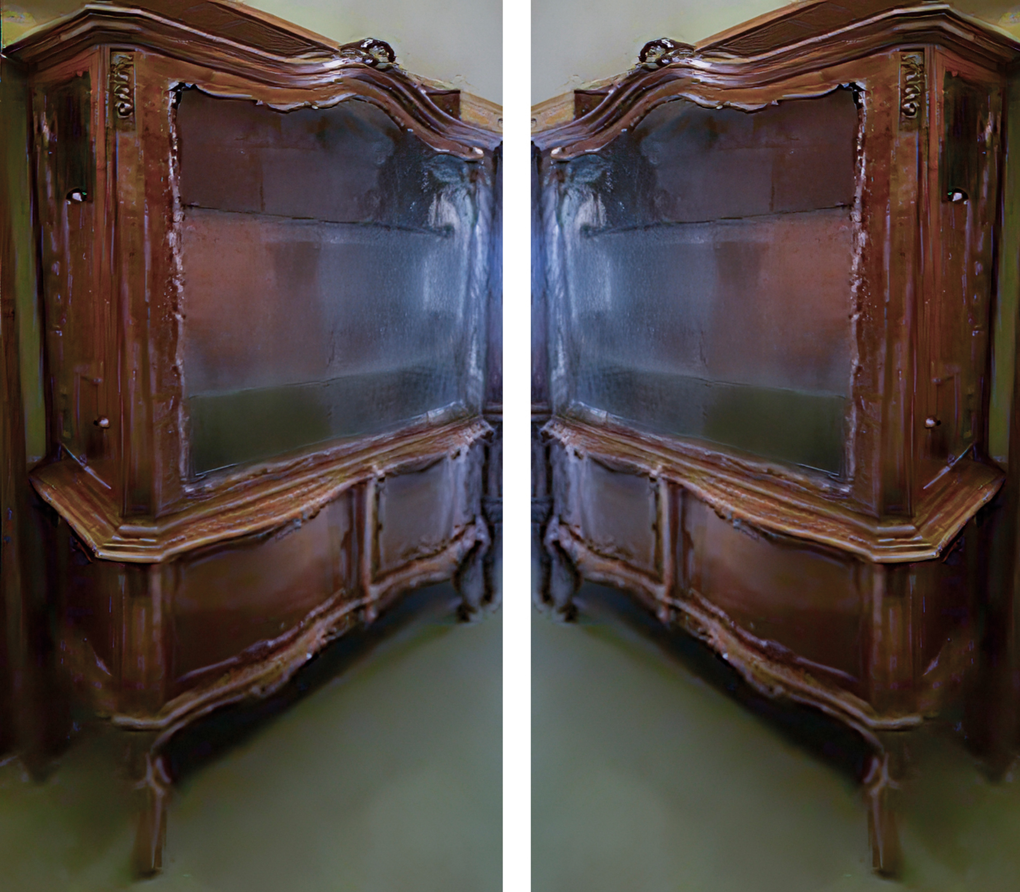 Pareja de vitrinas de dos cuerpos en madera. Cuerpo superior vitrina con baldas de cristal. Cuerpo...